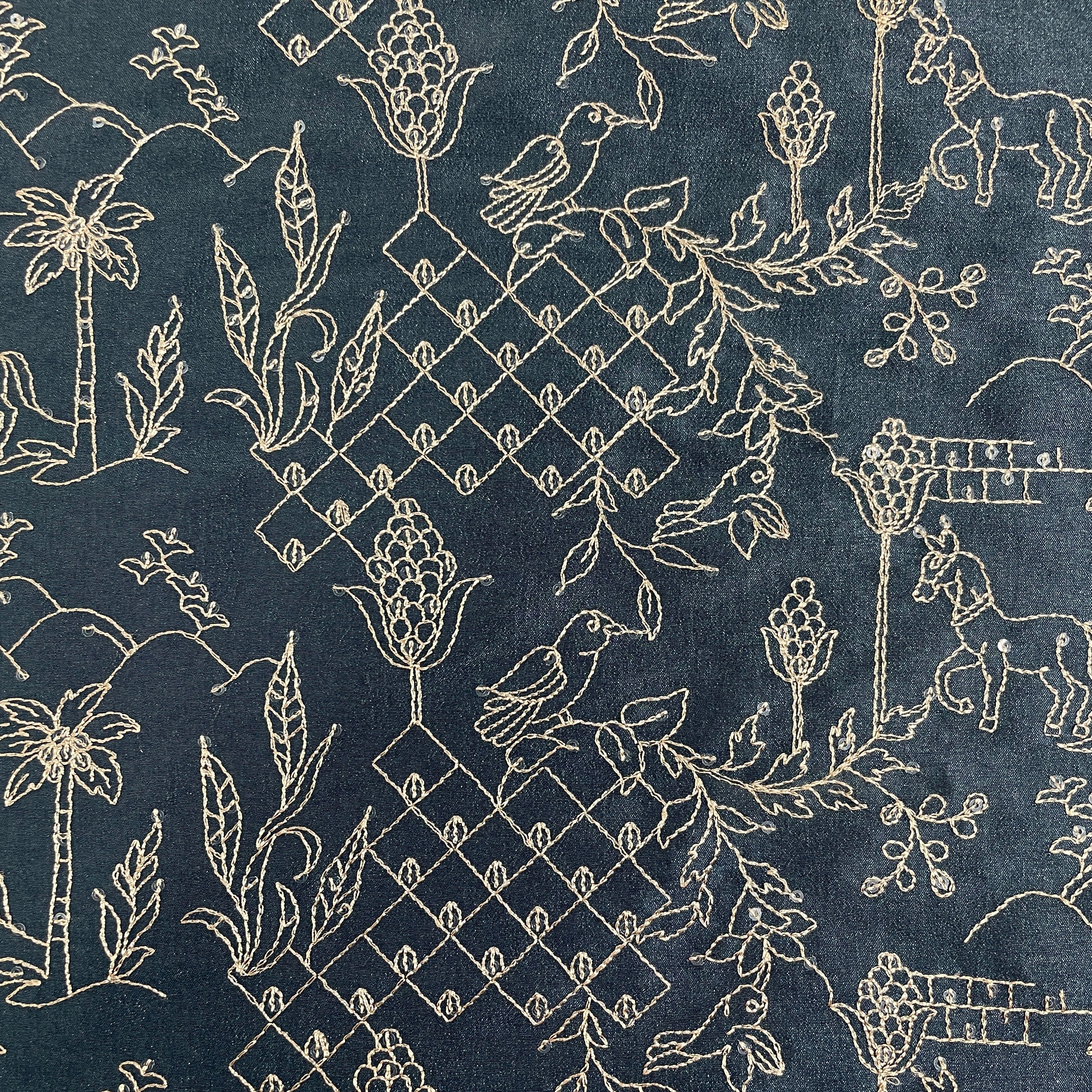 Blue Traditional Embroidery Russian Silk