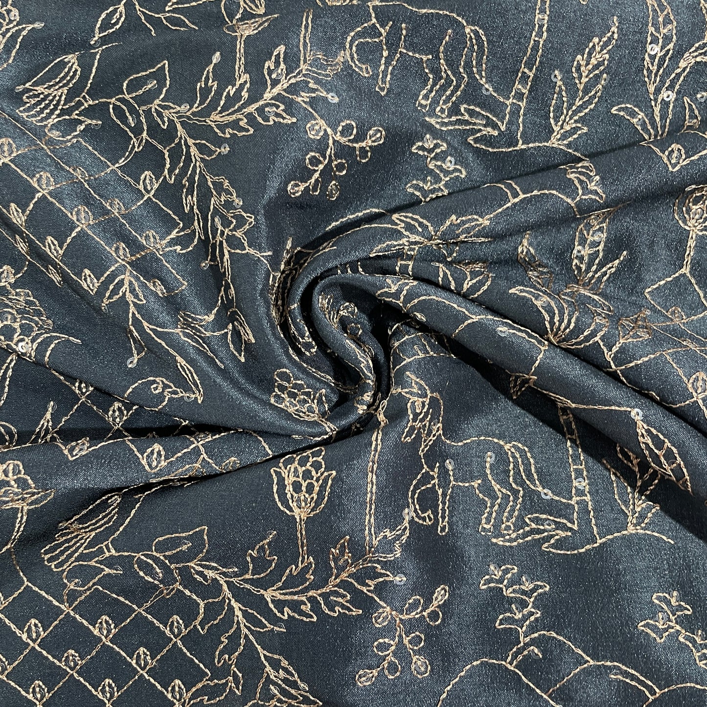 Blue Traditional Embroidery Russian Silk