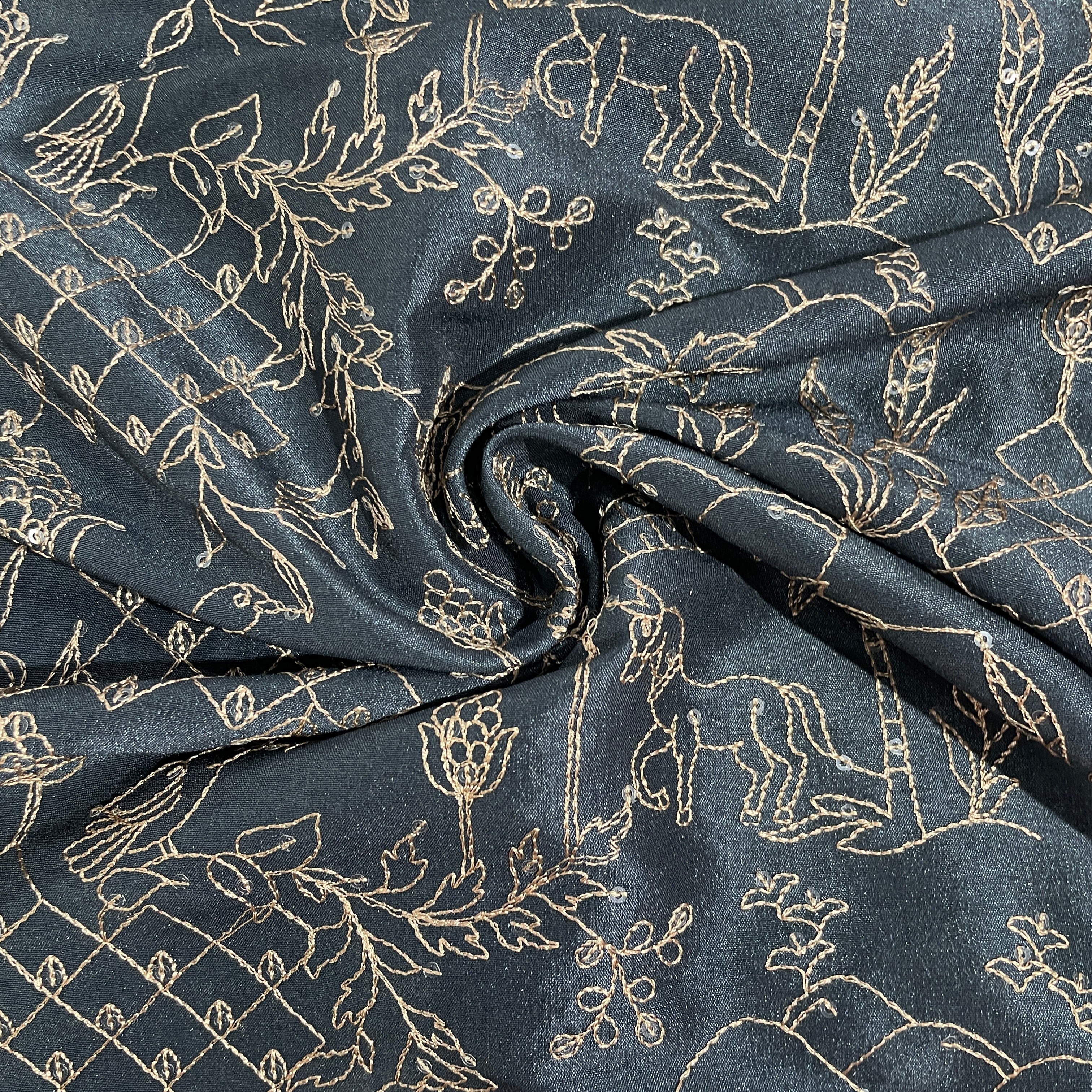 Blue Traditional Embroidery Russian Silk