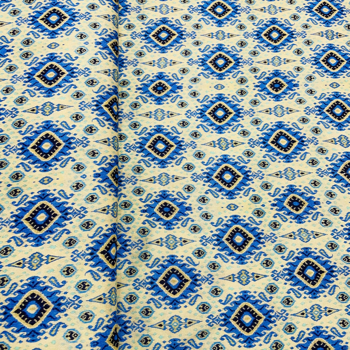 Cream & Blue Traditional Motif Print Rayon Fabric, Plain Weave TU-4355