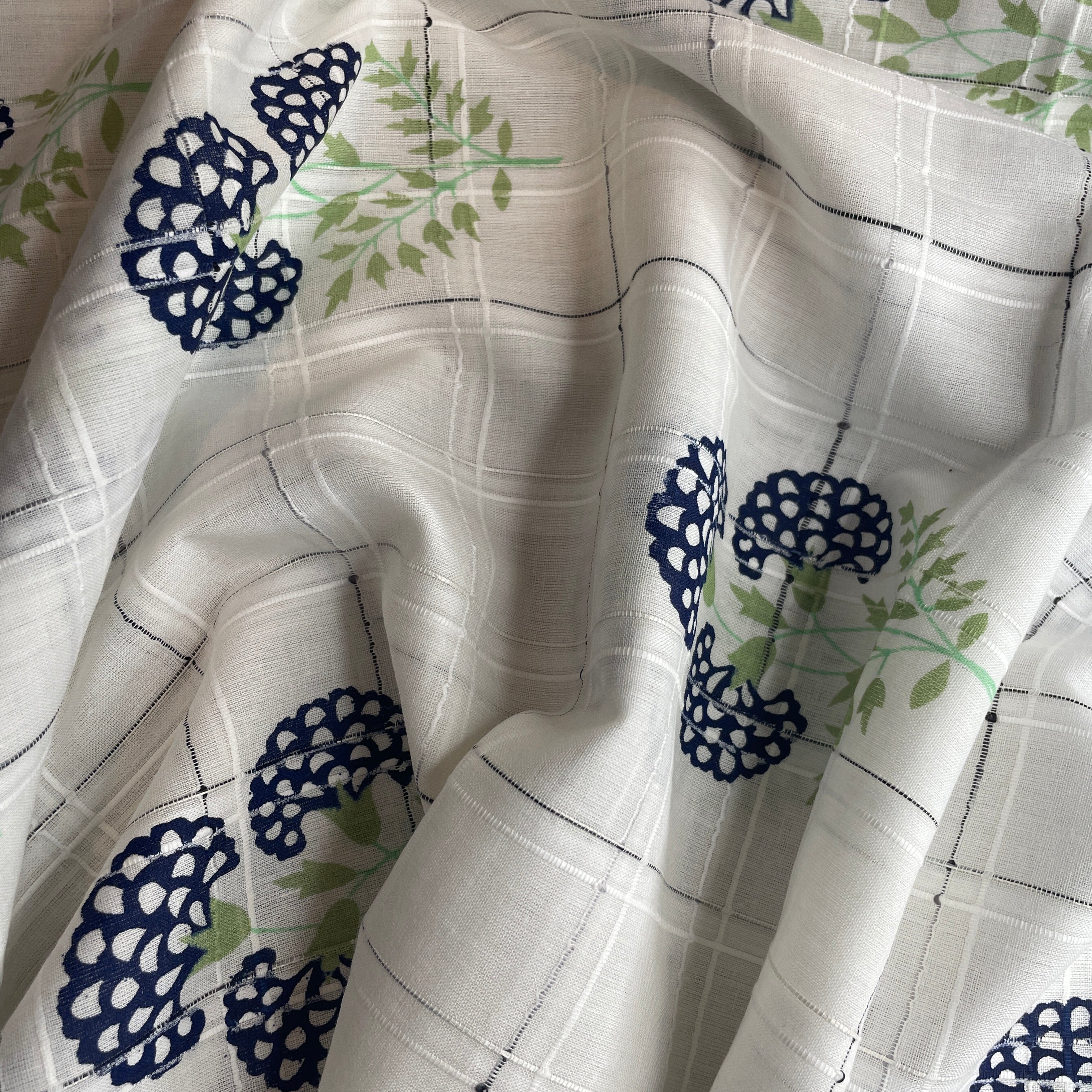 Premium  Cotton White Dark Blue Floral Embroidary Fabric