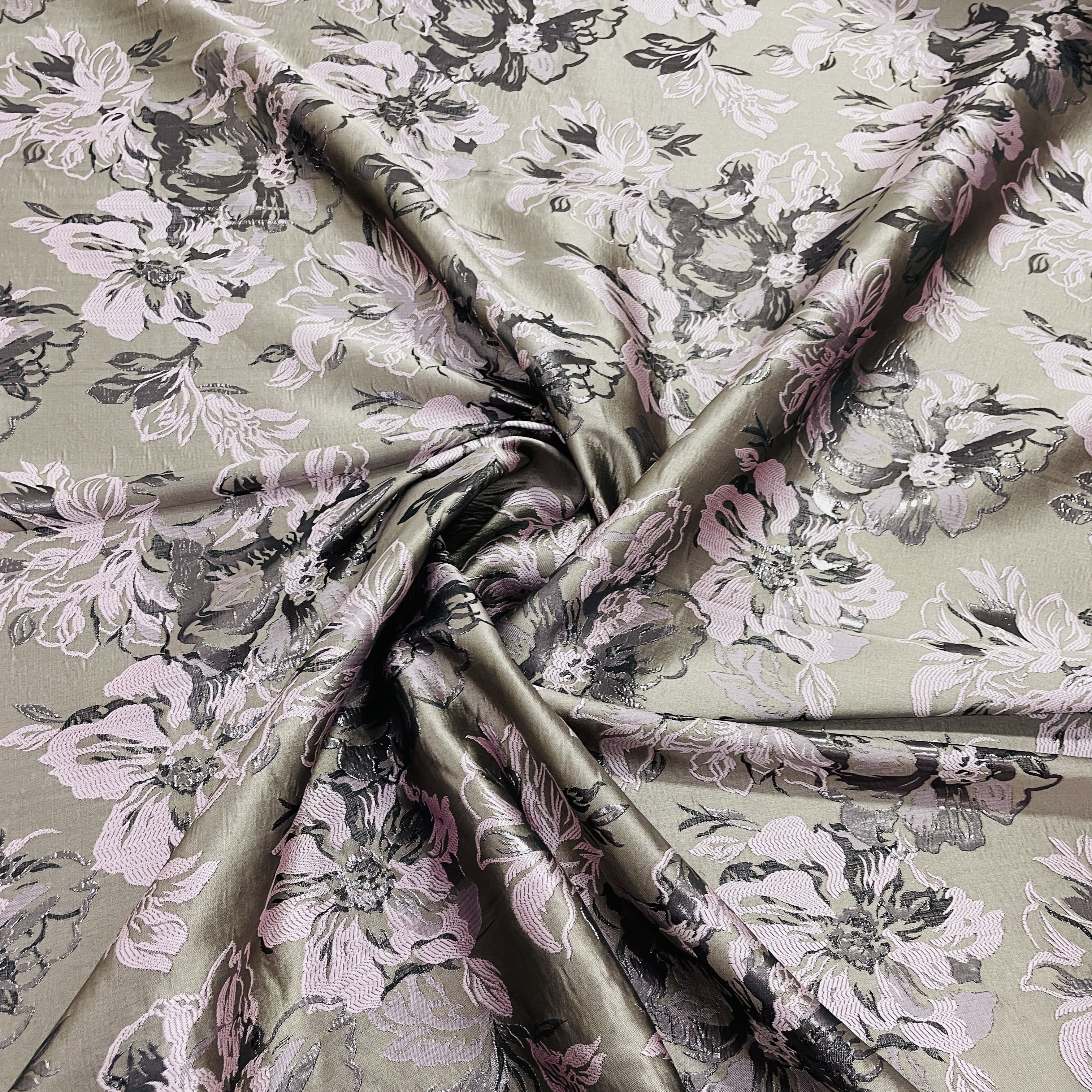 Light Brown & Pink Floral Brocade Jacquard Fabric