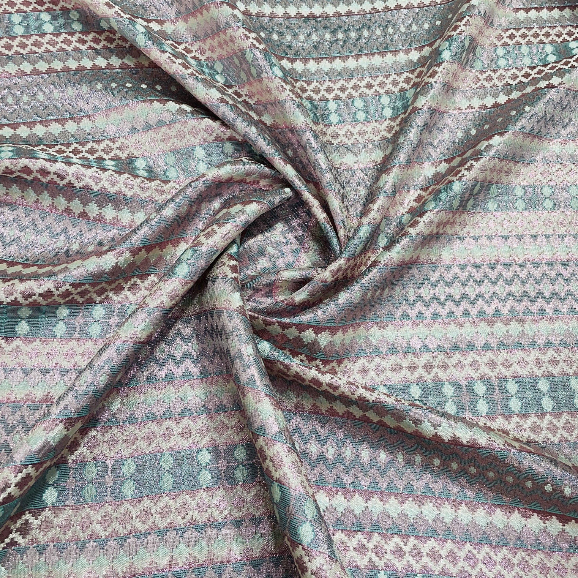 green pink geometrical print brocade jacquard fabric oe 12387