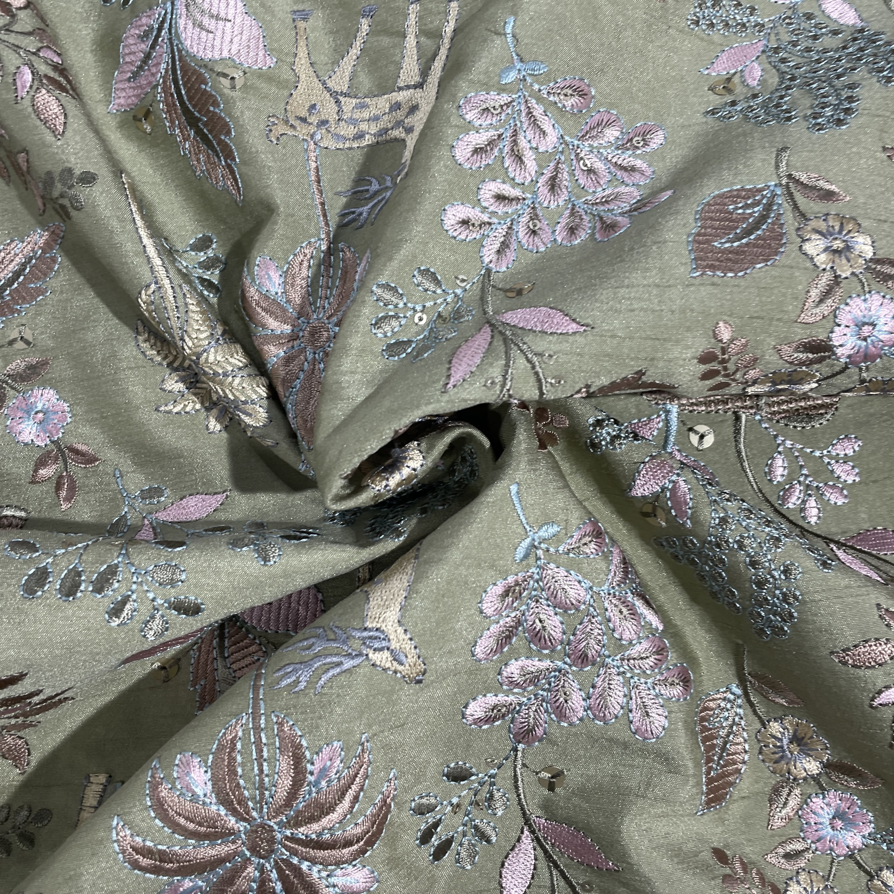 Green Thread Embroidery Russian Silk Fabric