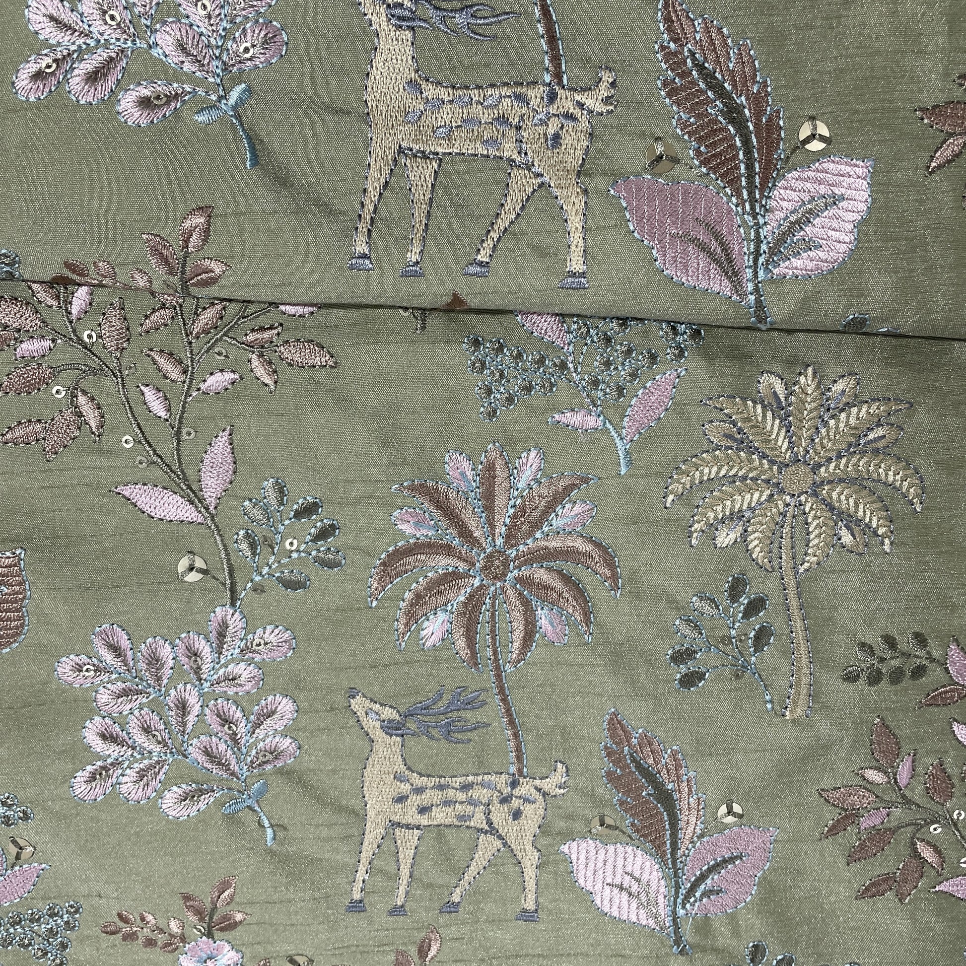 Green Thread Embroidery Russian Silk Fabric