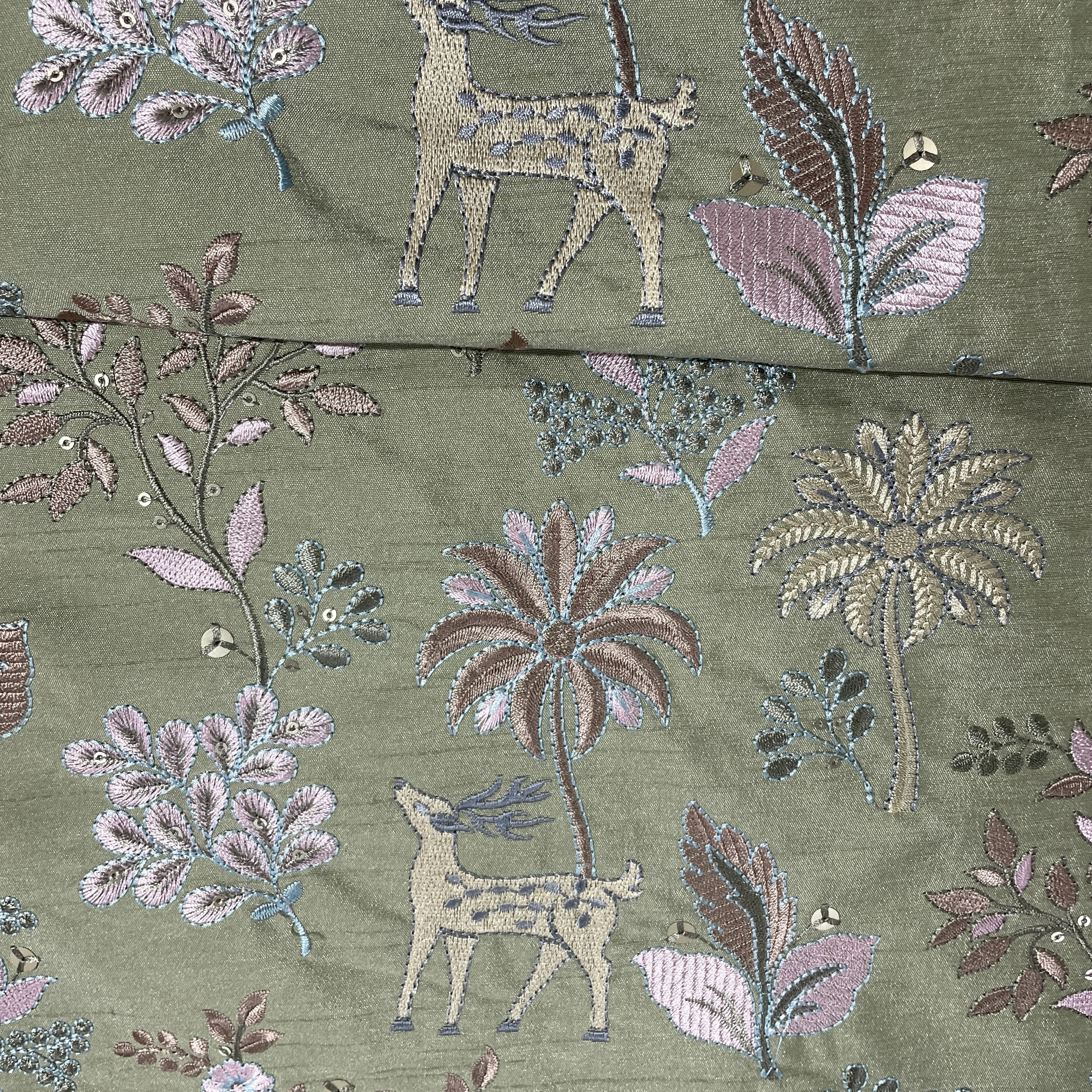 Green Thread Embroidery Russian Silk Fabric
