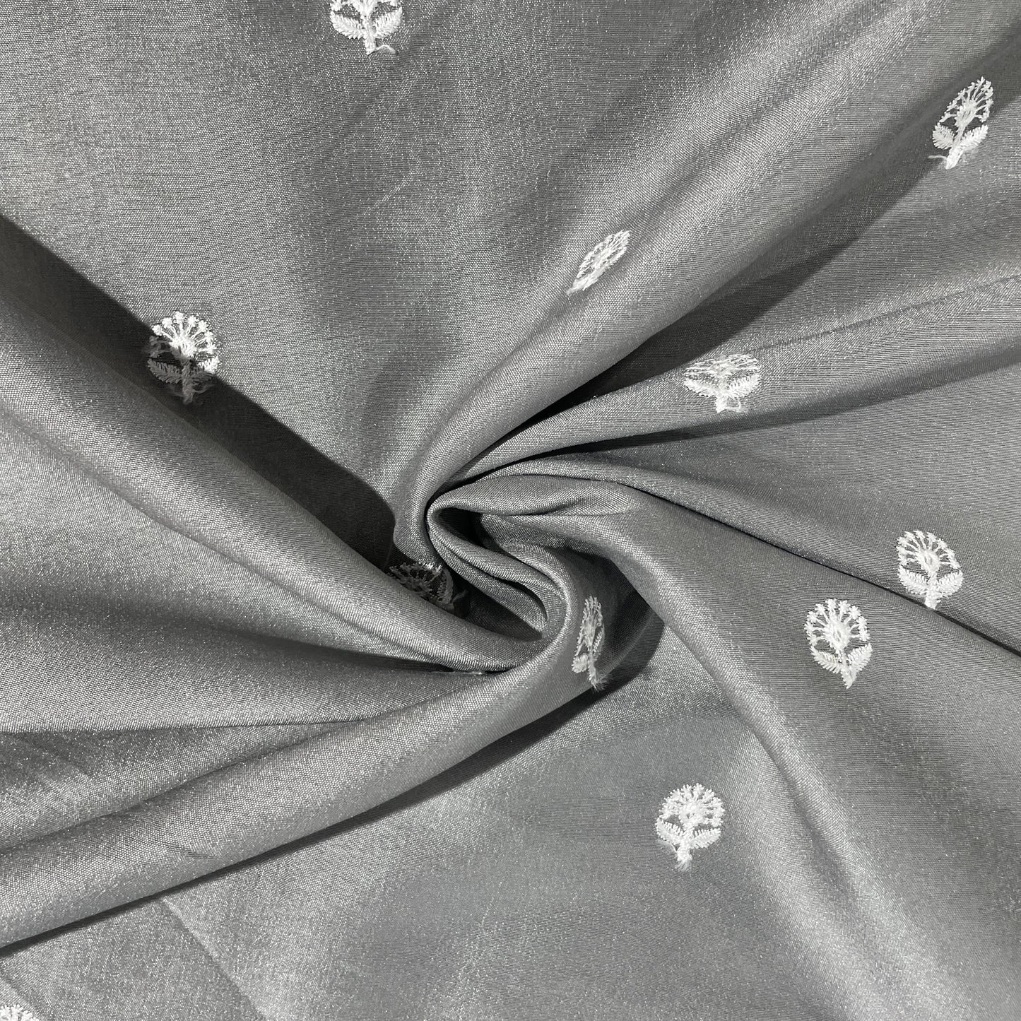 Grey & White Floral Sequence Embroidery Russian Silk
