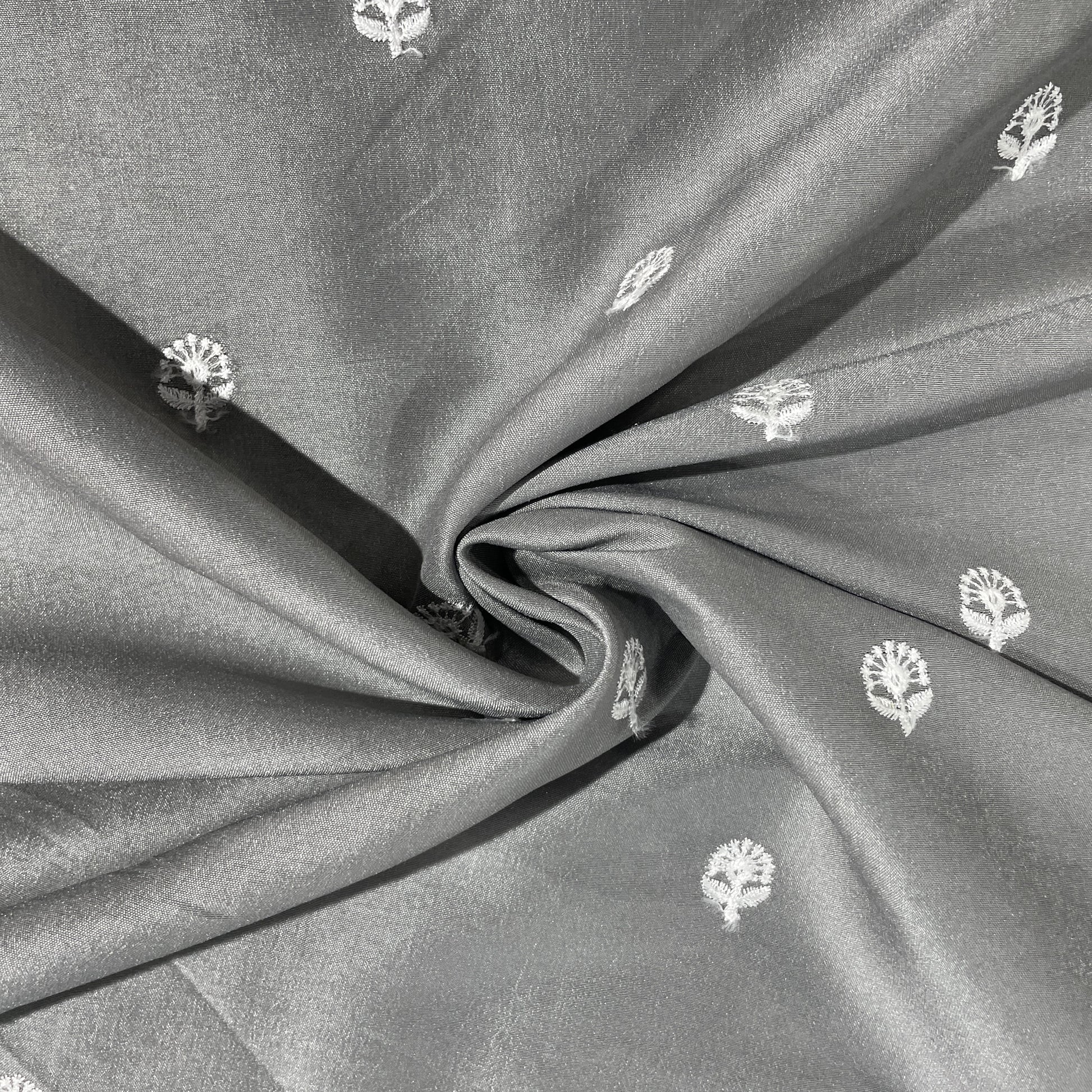 Grey & White Floral Sequence Embroidery Russian Silk