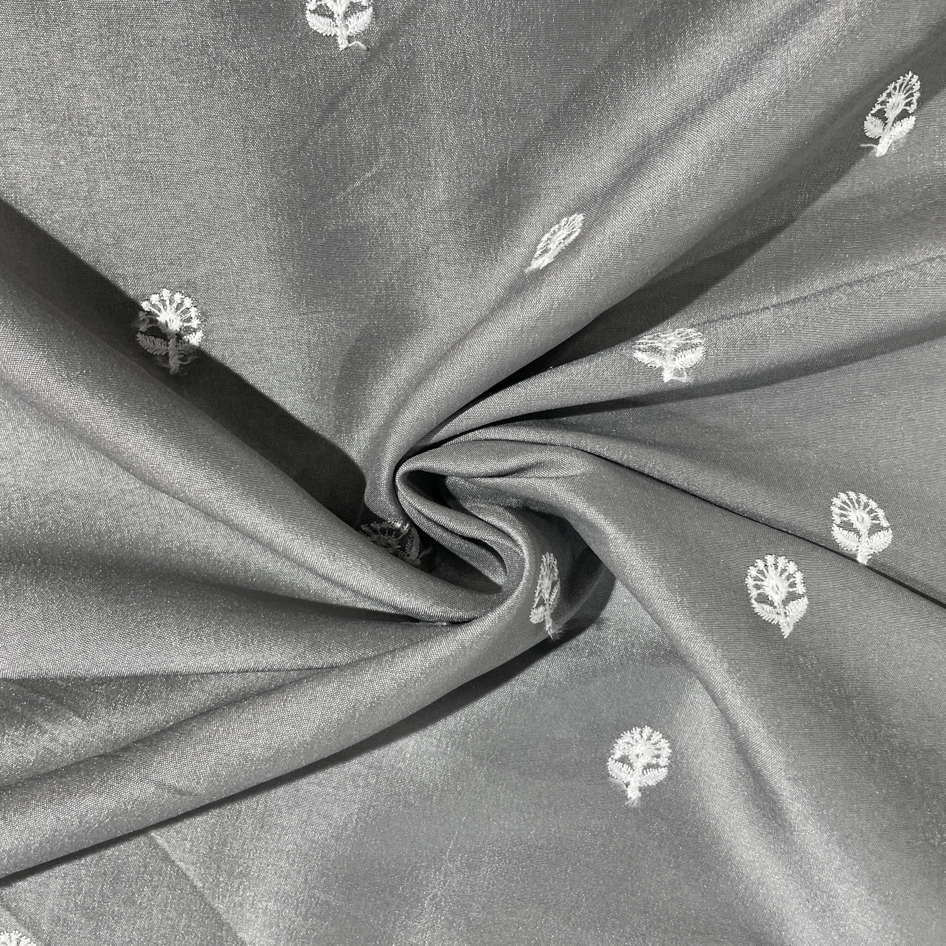 Grey & White Floral Sequence Embroidery Russian Silk