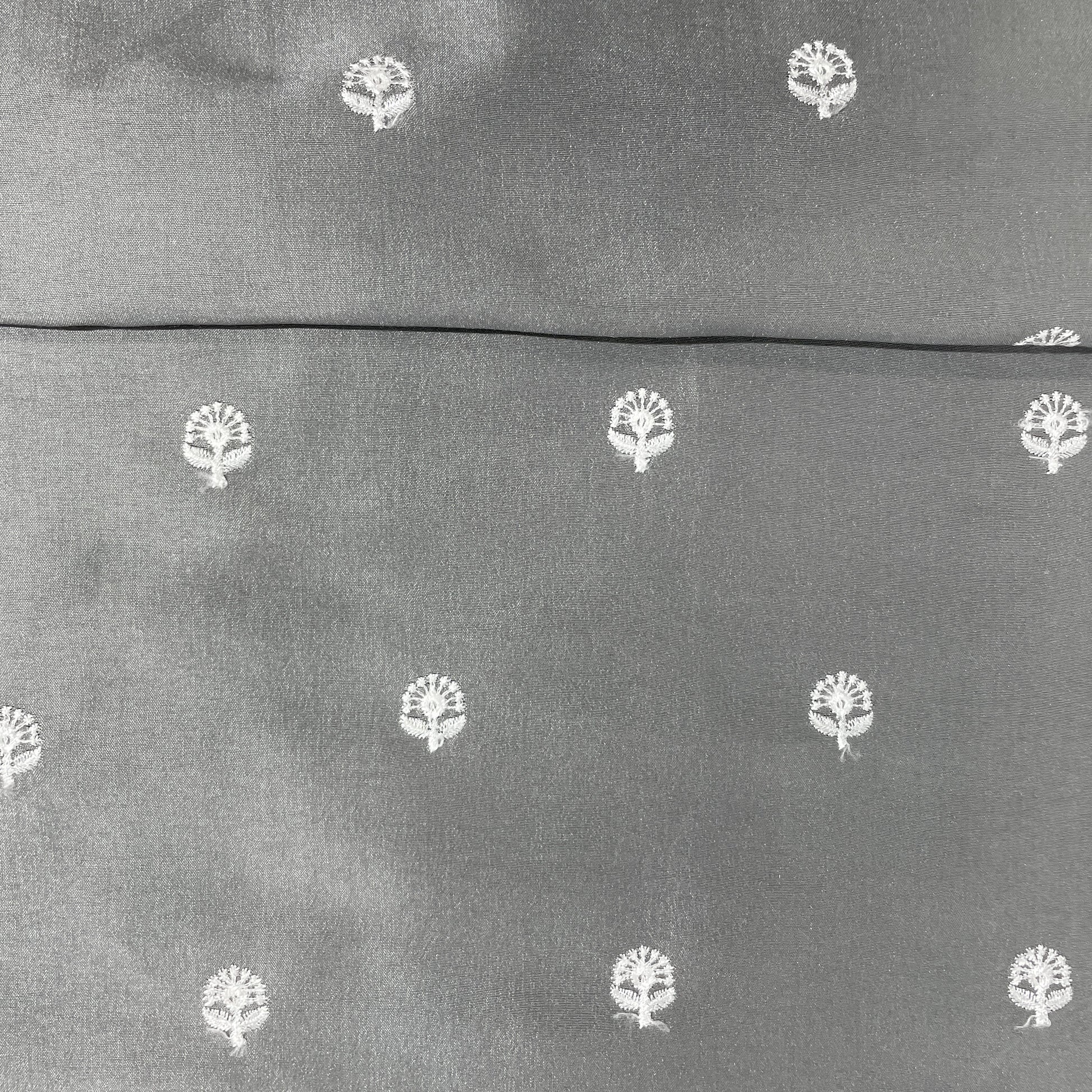 Grey & White Floral Sequence Embroidery Russian Silk