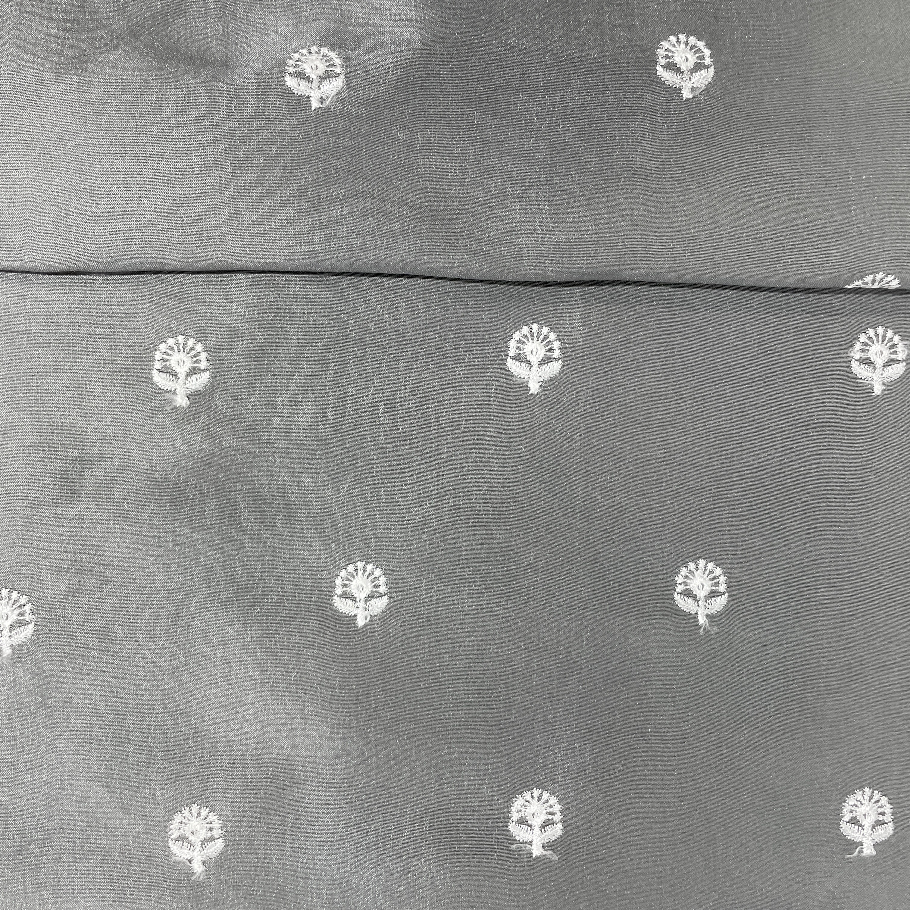 Grey & White Floral Sequence Embroidery Russian Silk