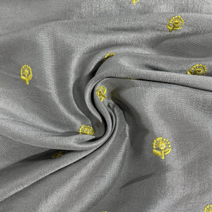 Grey & Yellow Floral Sequence Embroidery Russian Silk