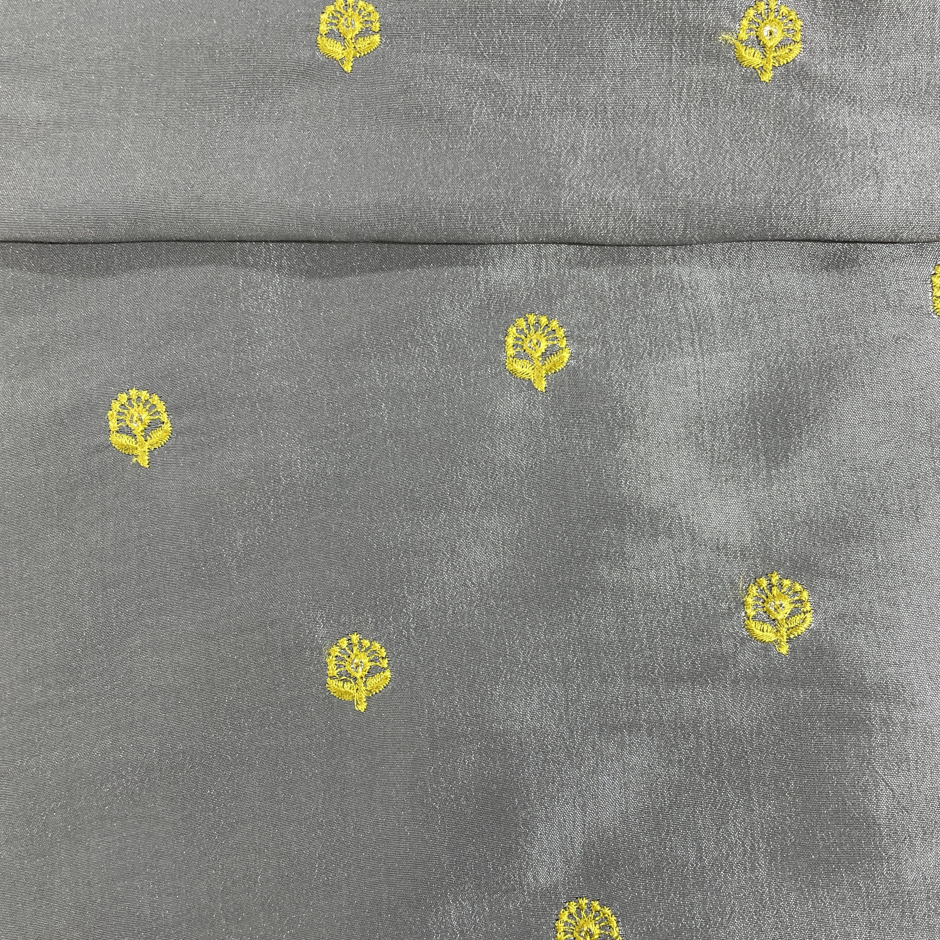 Grey & Yellow Floral Sequence Embroidery Russian Silk