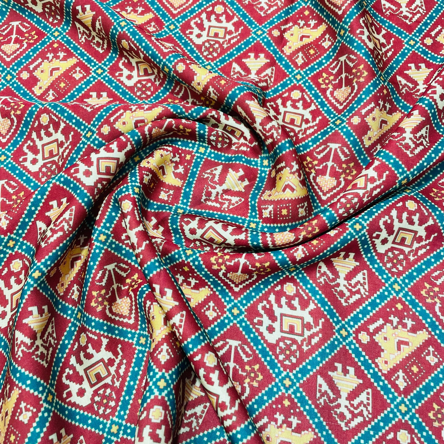 Brown Yellow Traditional Print Modal Satin Fabric - TradeUNO