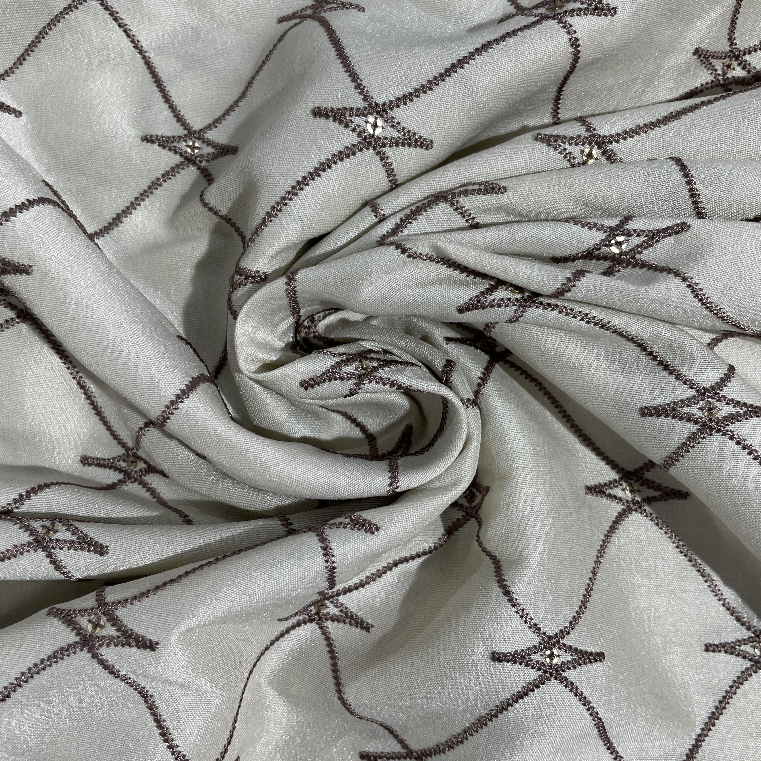 Off White Abstract Embroidery Russian Silk