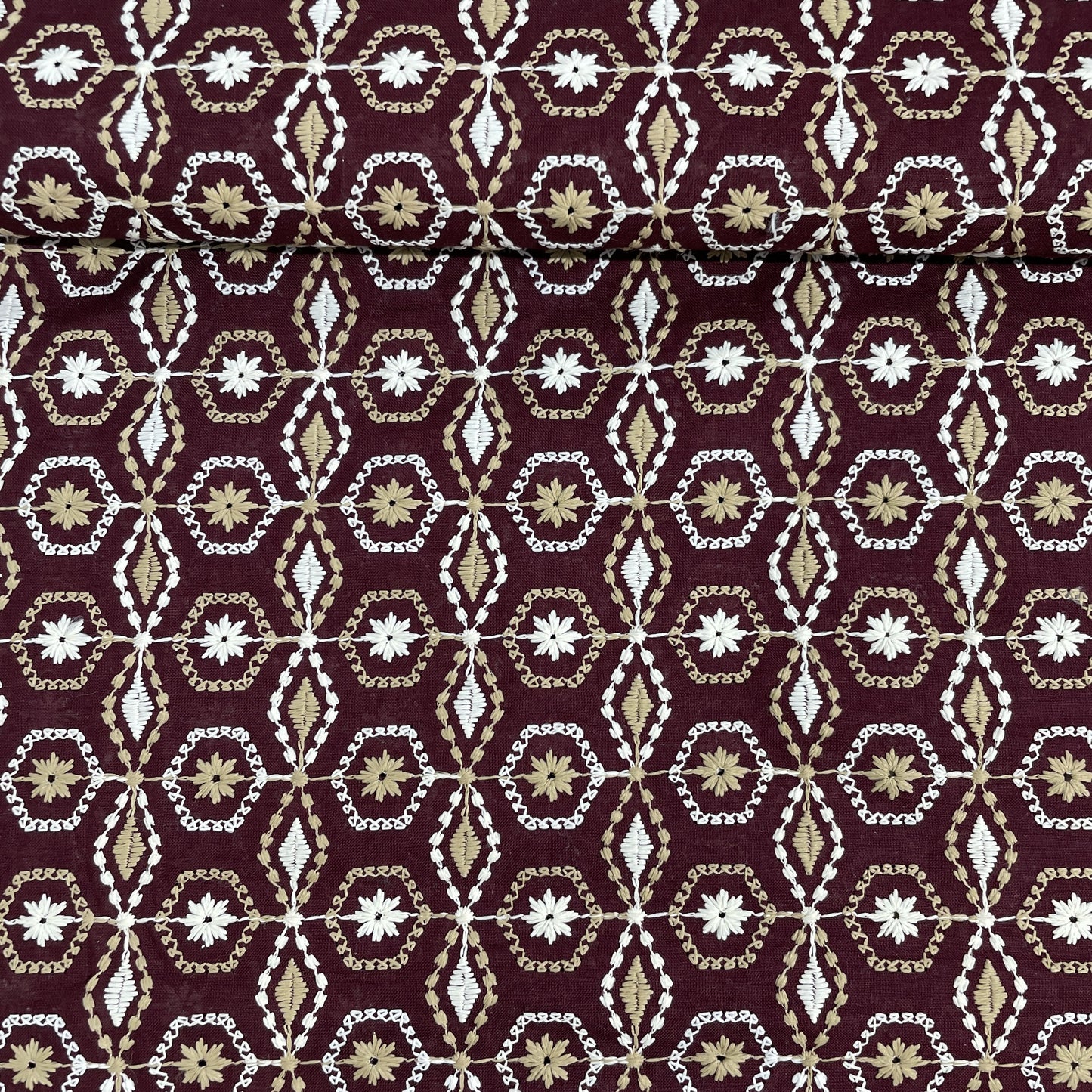 Maroon Thread Embroidery Cotton Fabric