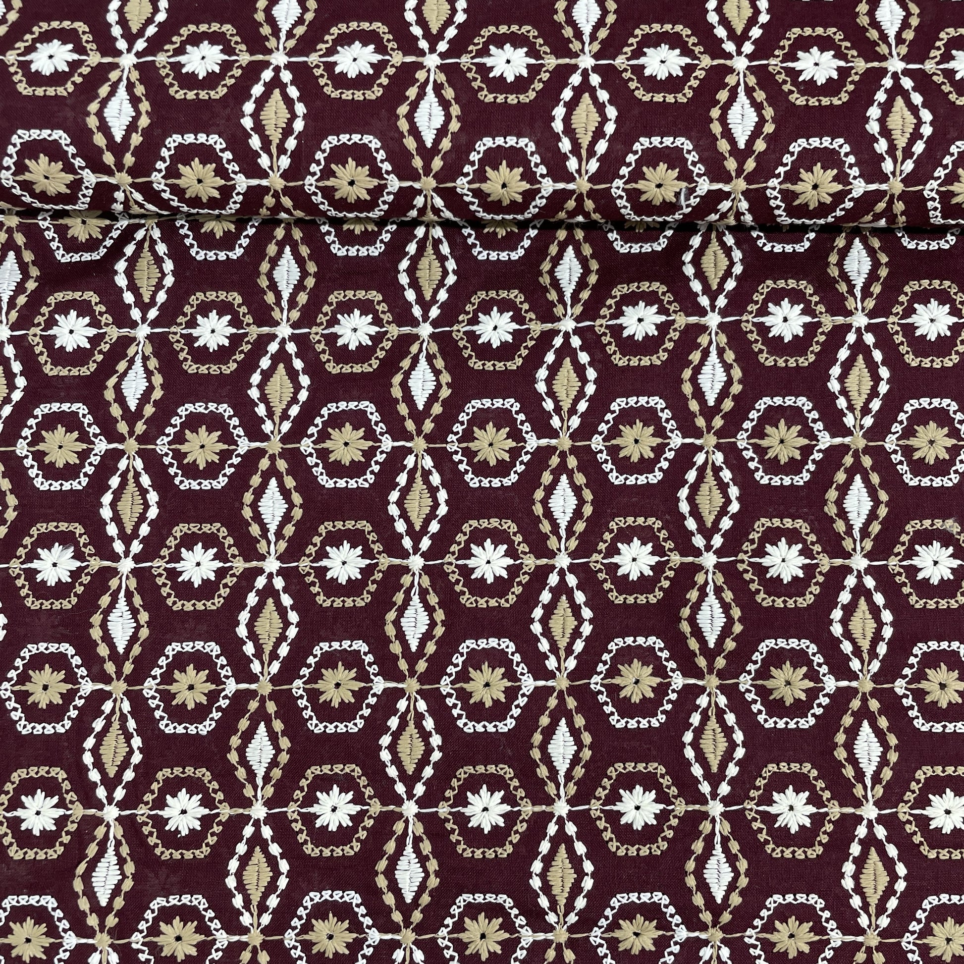 Maroon Thread Embroidery Cotton Fabric