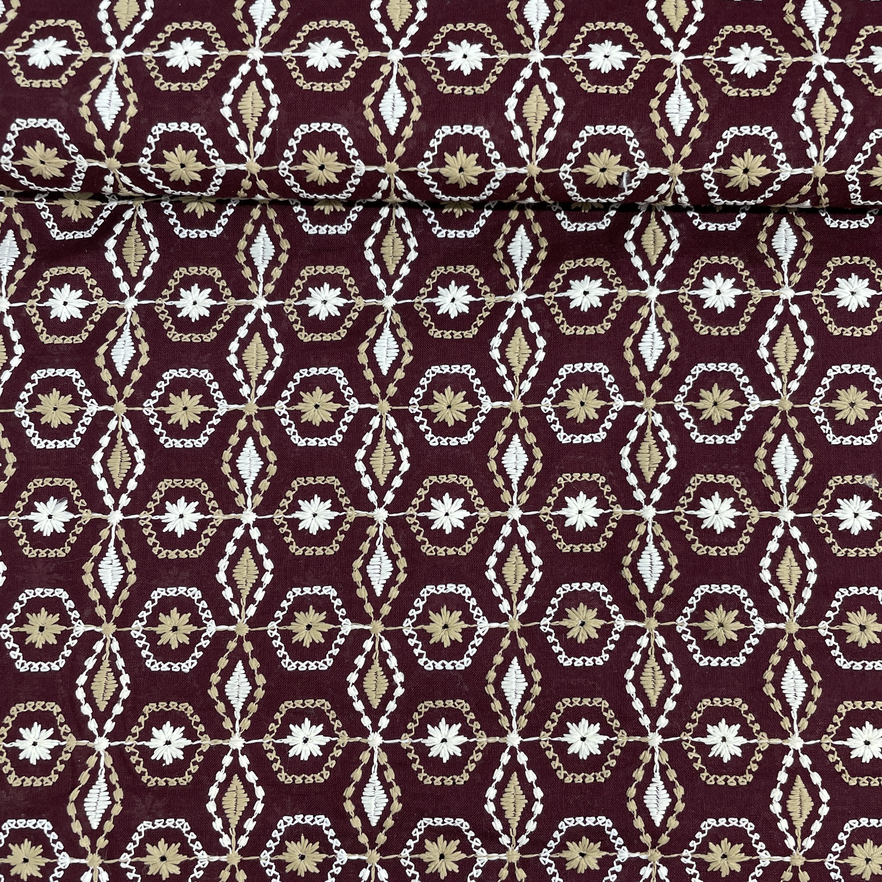 Maroon Thread Embroidery Cotton Fabric