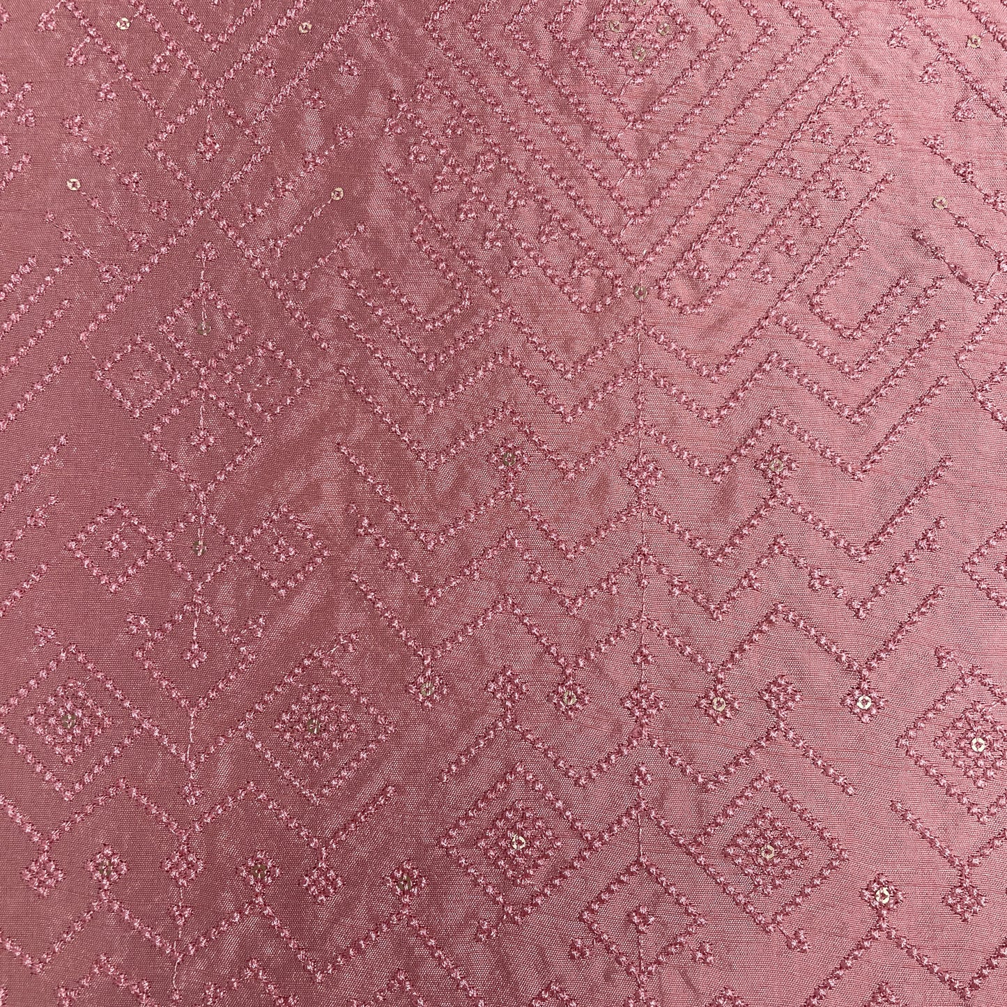 Pink Geometrical Sequins Thread Embroidery Tusser Silk