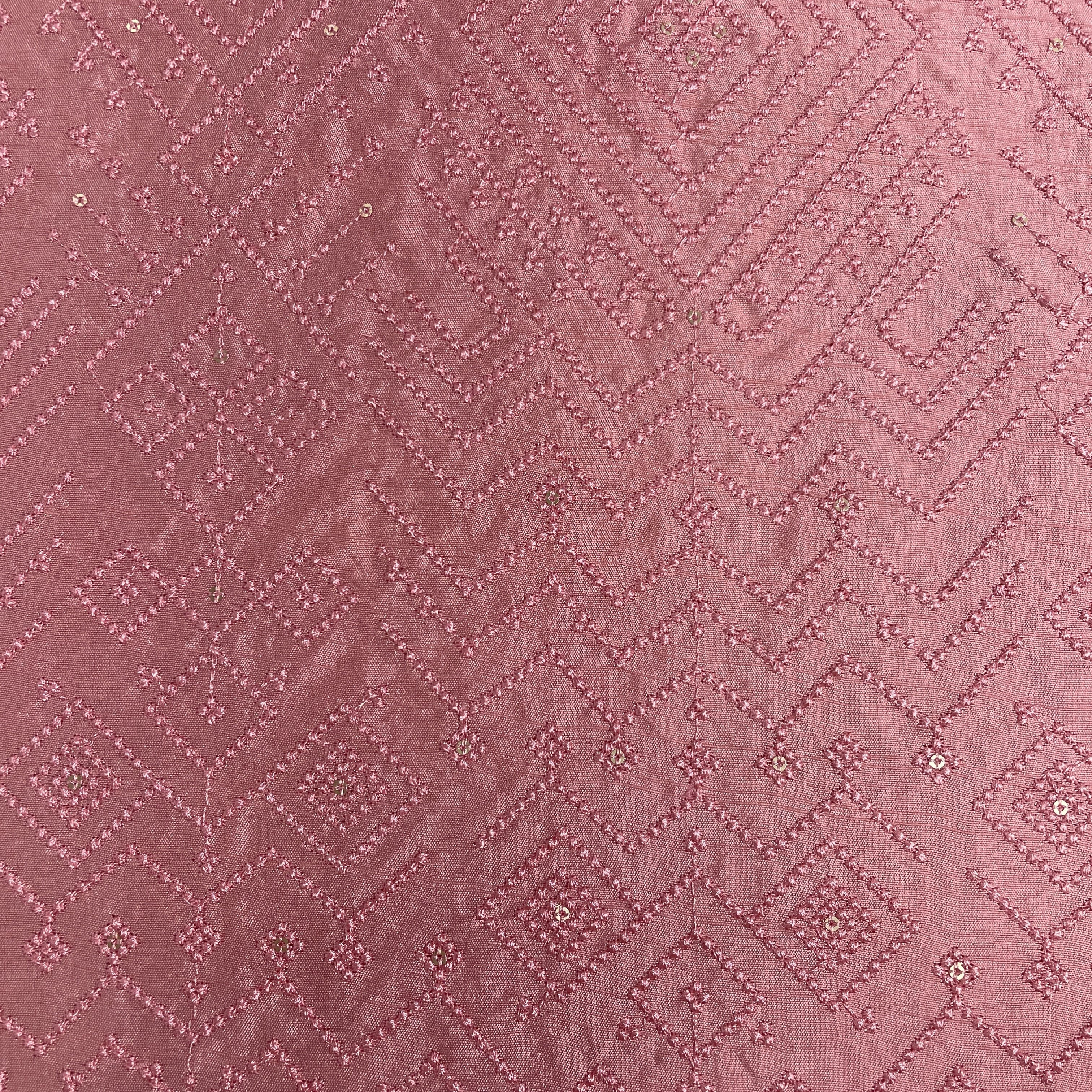 Pink Geometrical Sequins Thread Embroidery Tusser Silk