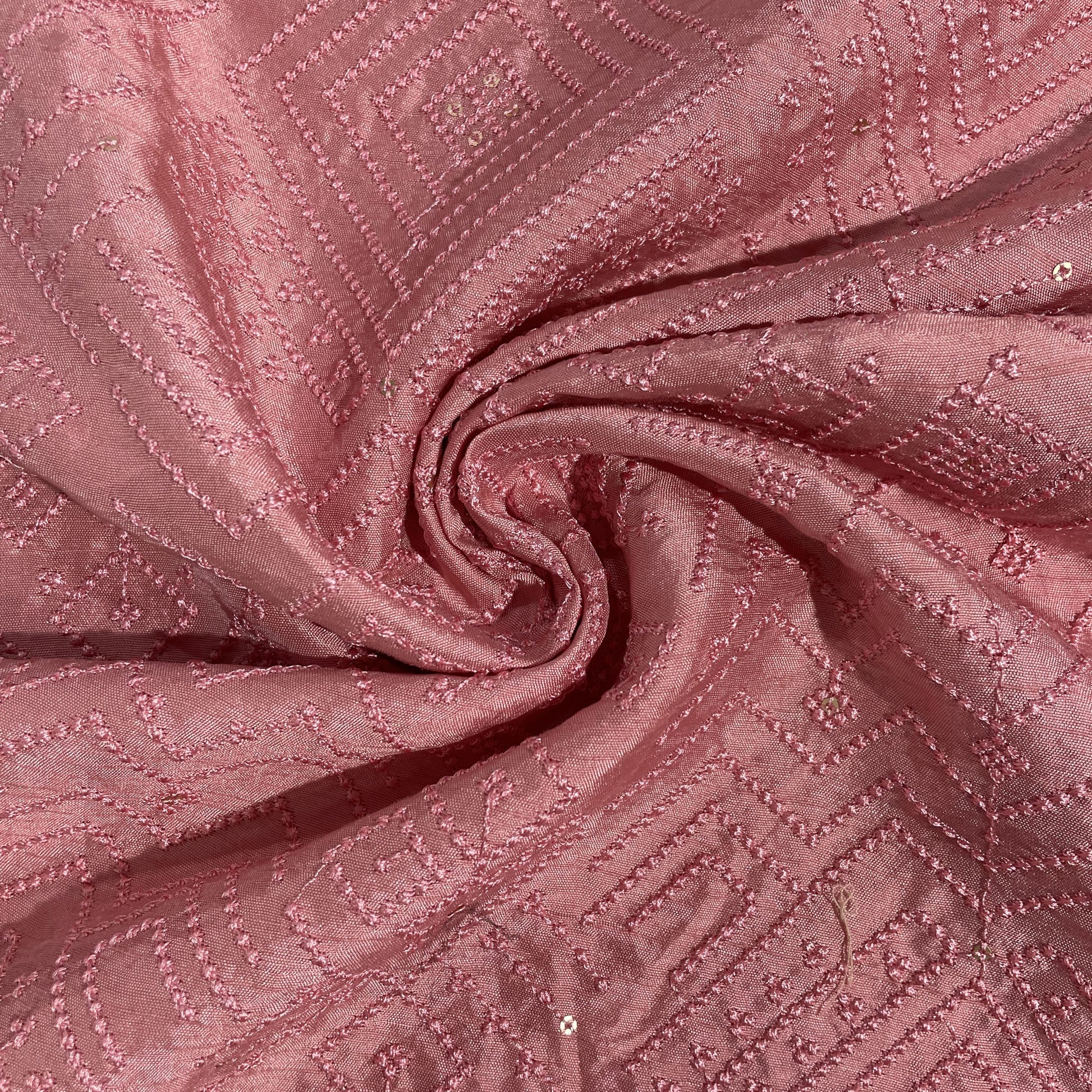 Pink Geometrical Sequins Thread Embroidery Tusser Silk