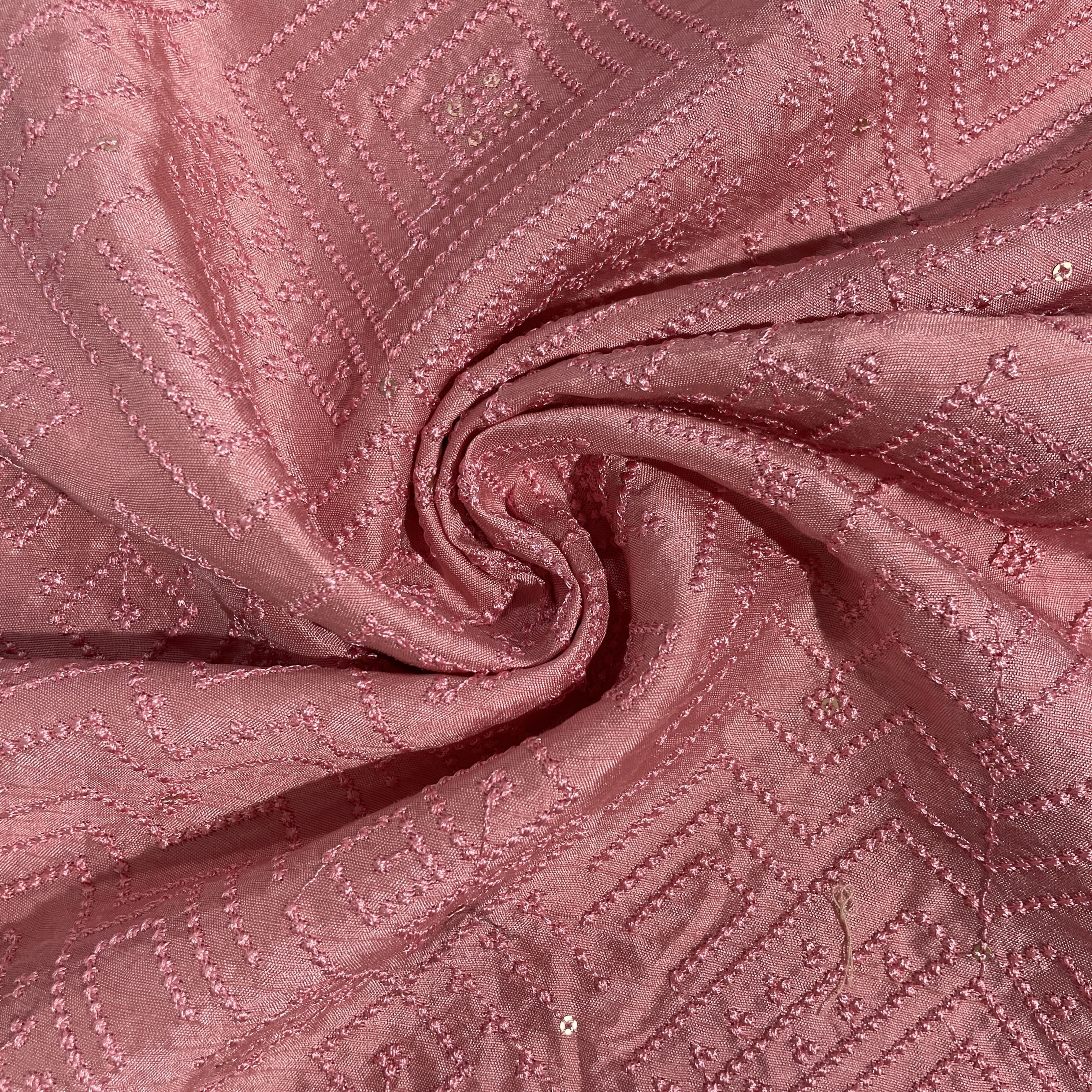 Pink Geometrical Sequins Thread Embroidery Tusser Silk