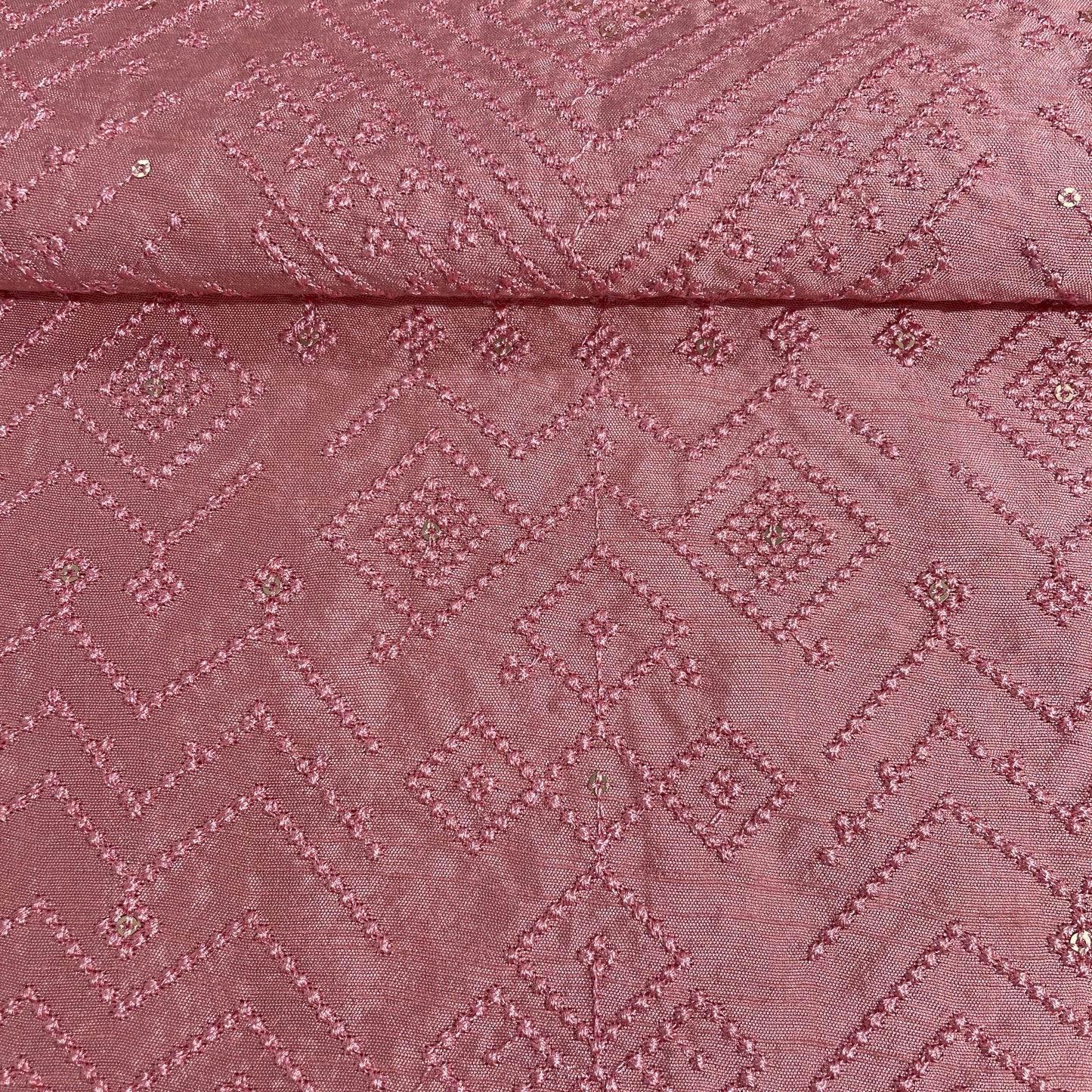 Pink Geometrical Sequins Thread Embroidery Tusser Silk