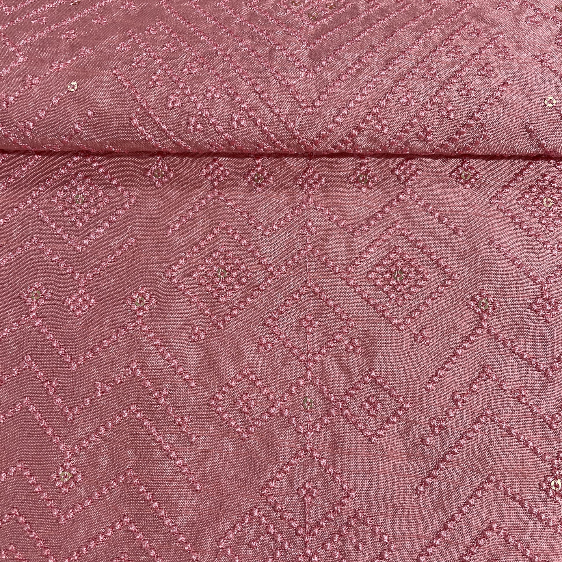 Pink Geometrical Sequins Thread Embroidery Tusser Silk