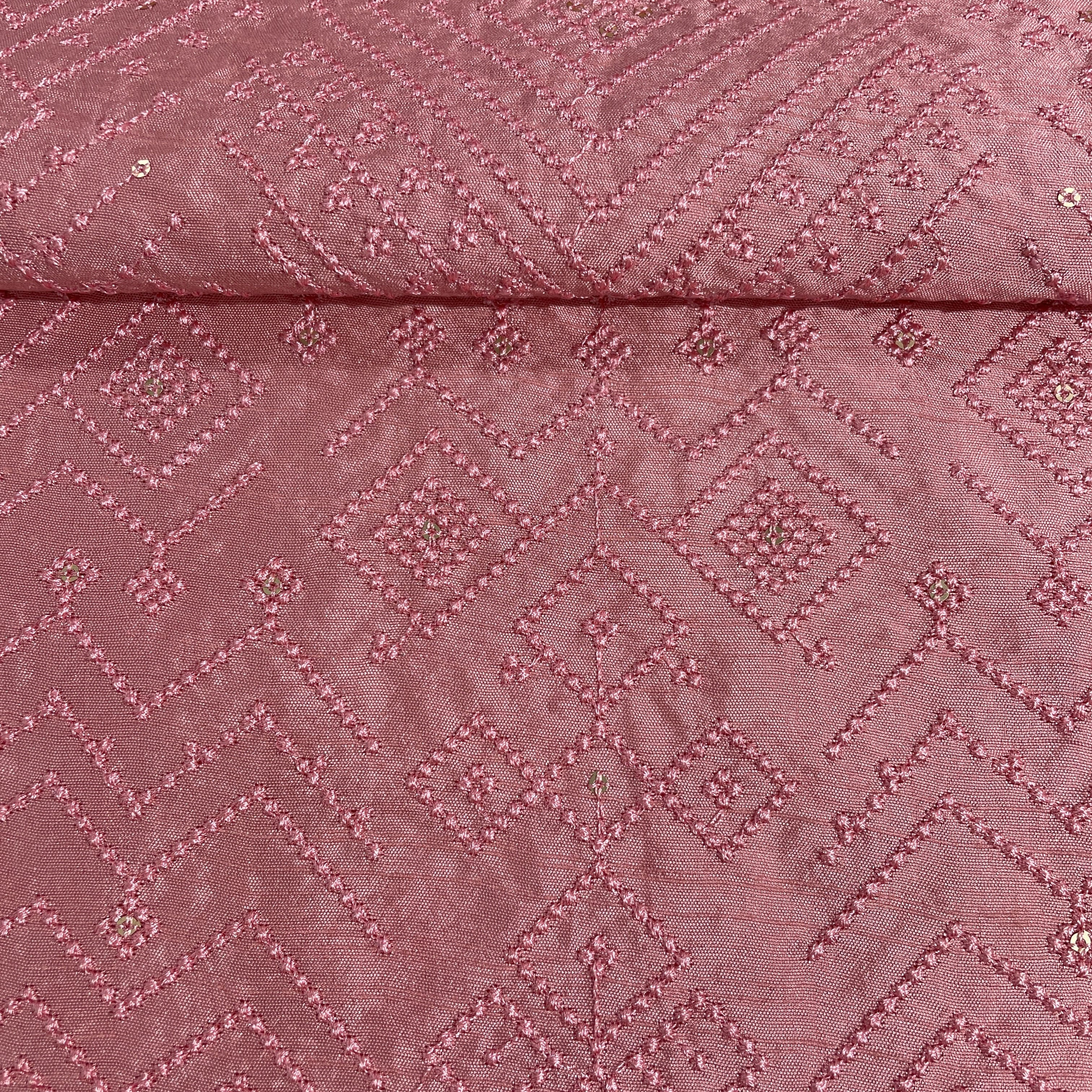 Pink Geometrical Sequins Thread Embroidery Tusser Silk