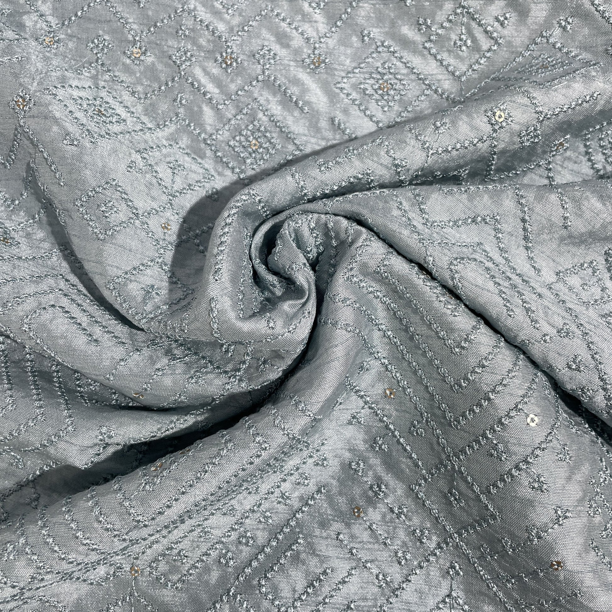 Blue Abstract Thread Embroidery Tusser Silk