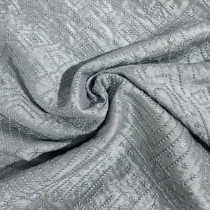 Blue Abstract Thread Embroidery Tusser Silk