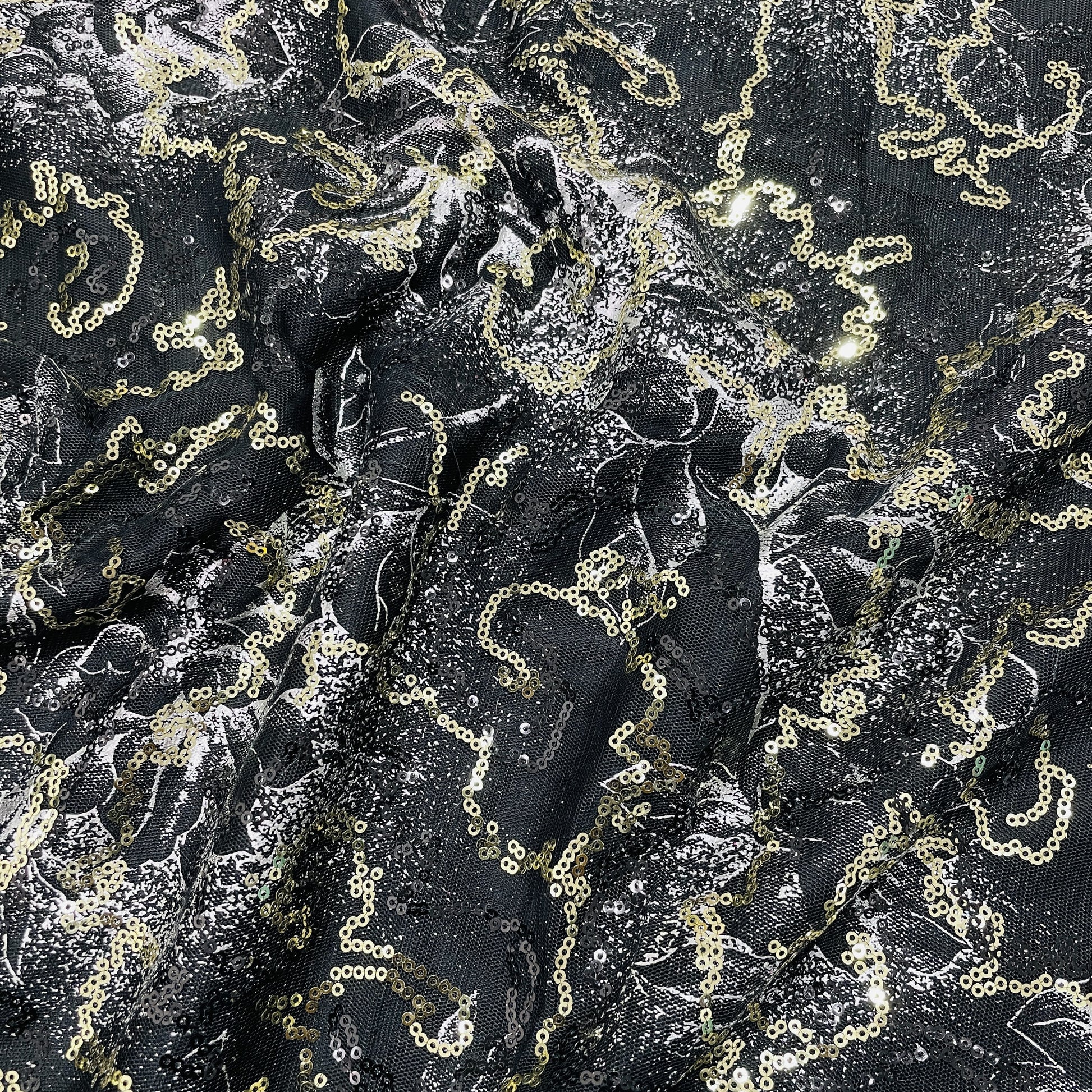 black golden floral sequence embroidery net fabric