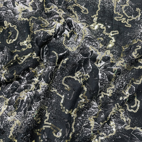 black golden floral sequence embroidery net fabric