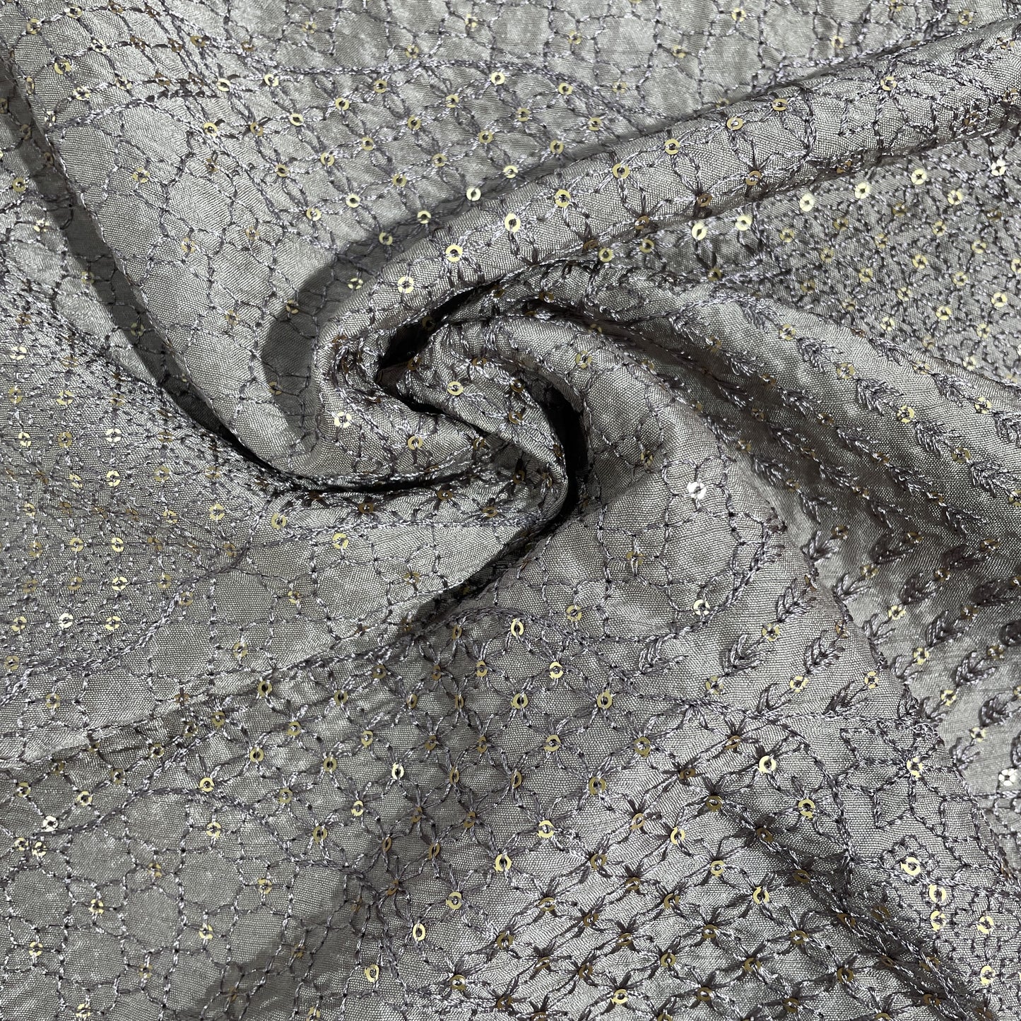 Dark Cream Sequins Embroidery Tusser Silk