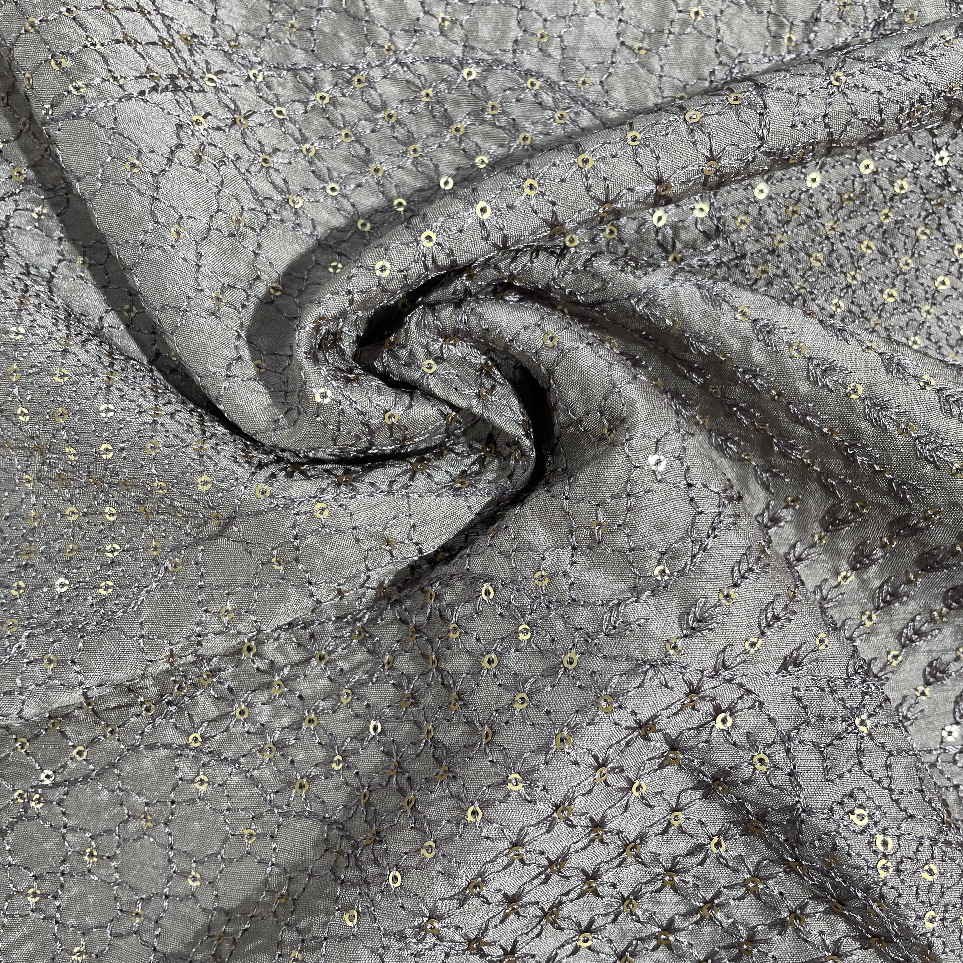 Dark Cream Sequins Embroidery Tusser Silk