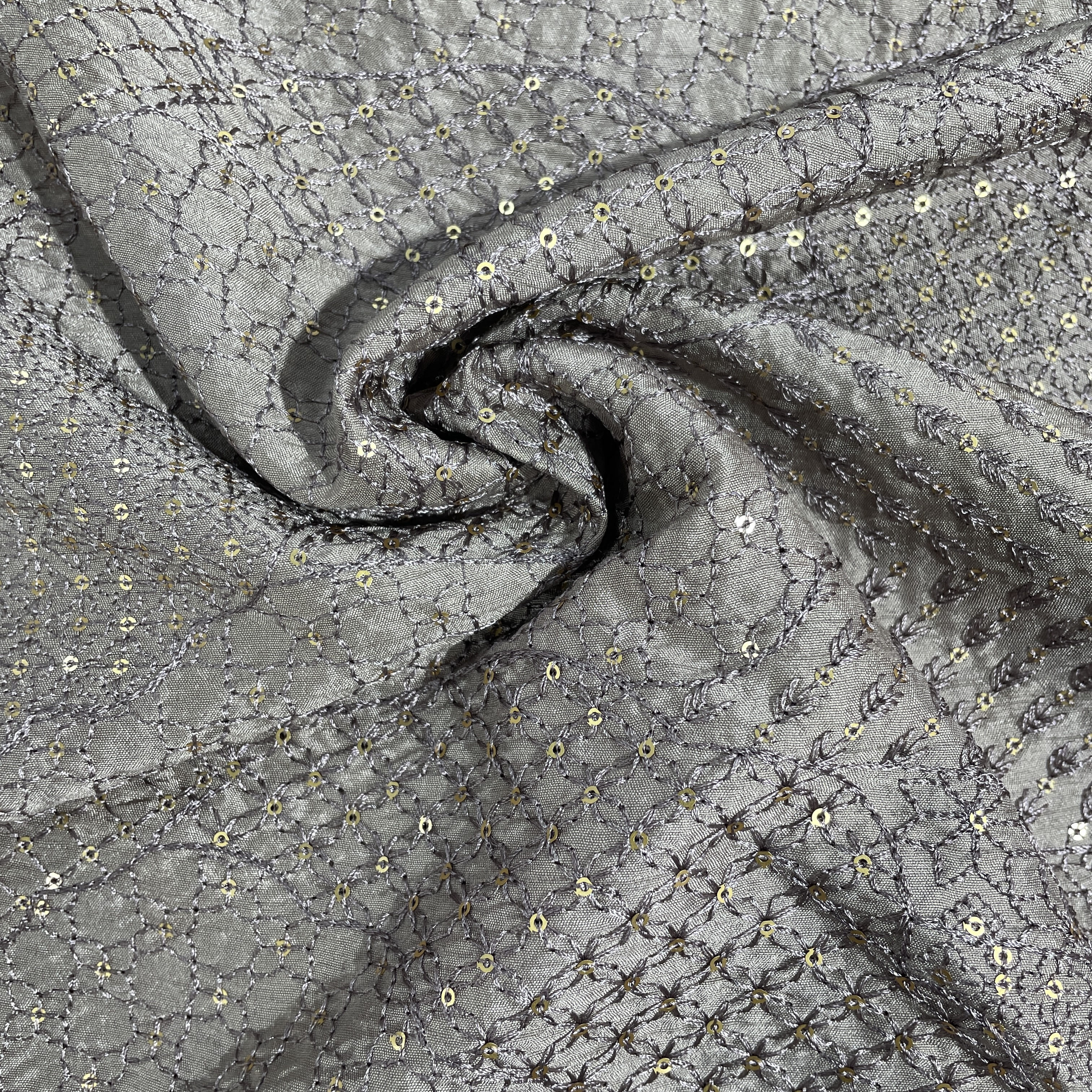 Dark Cream Sequins Embroidery Tusser Silk