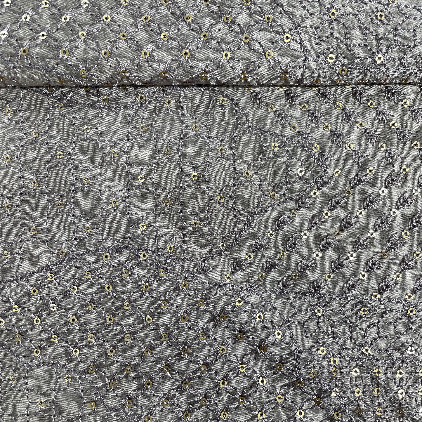 Dark Cream Sequins Embroidery Tusser Silk