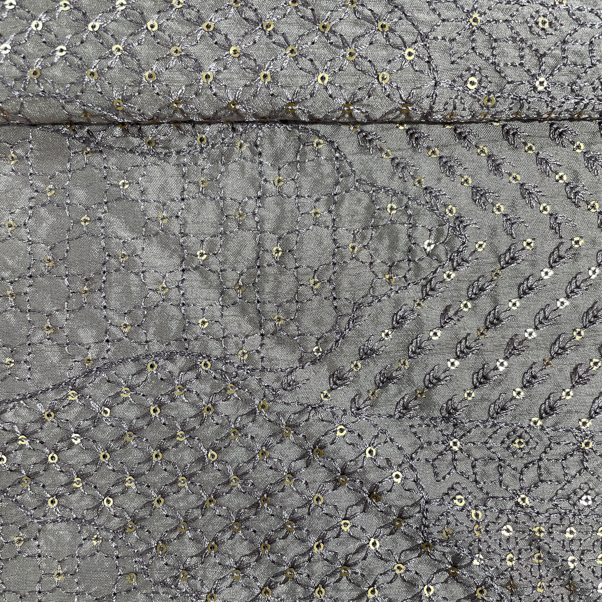 Dark Cream Sequins Embroidery Tusser Silk