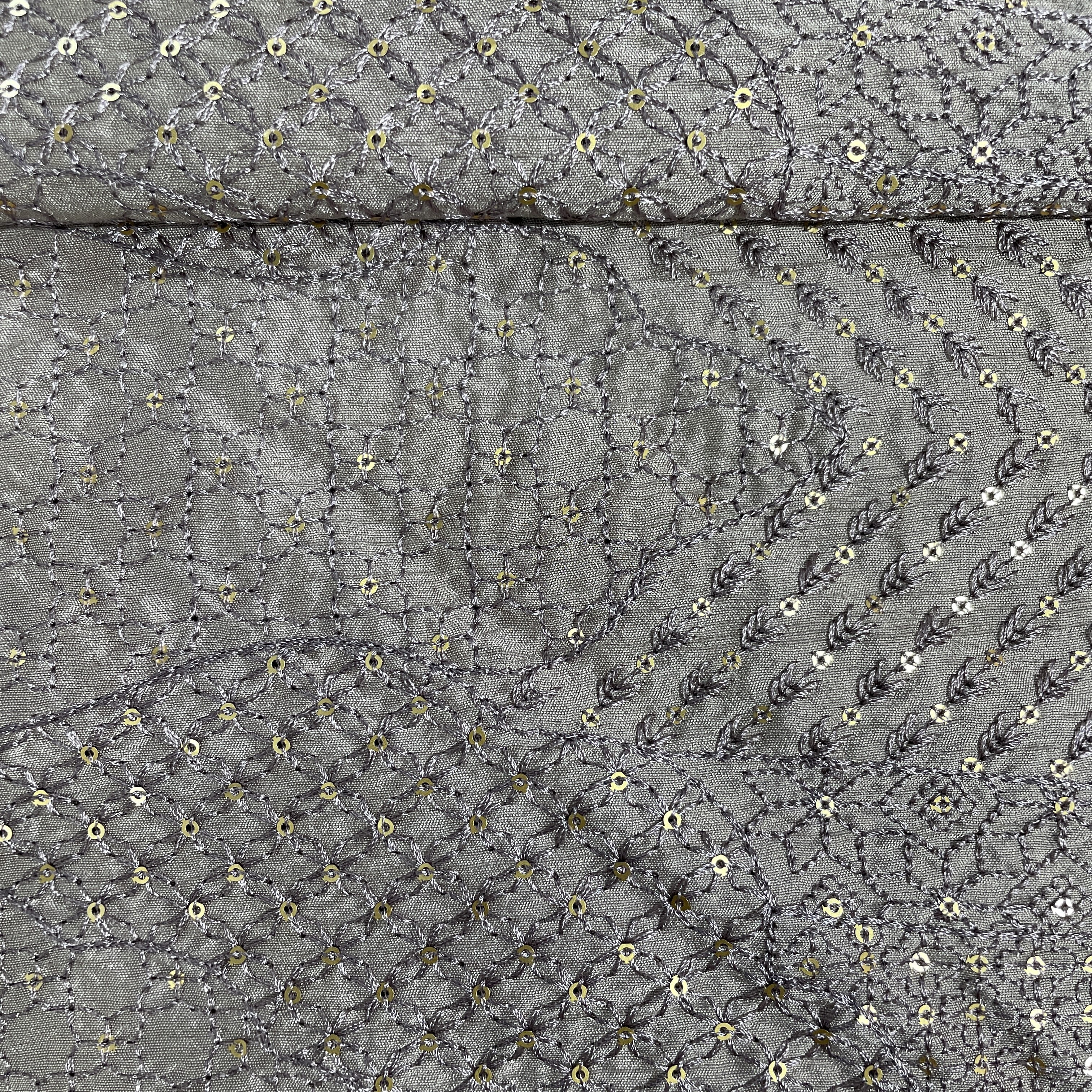 Dark Cream Sequins Embroidery Tusser Silk