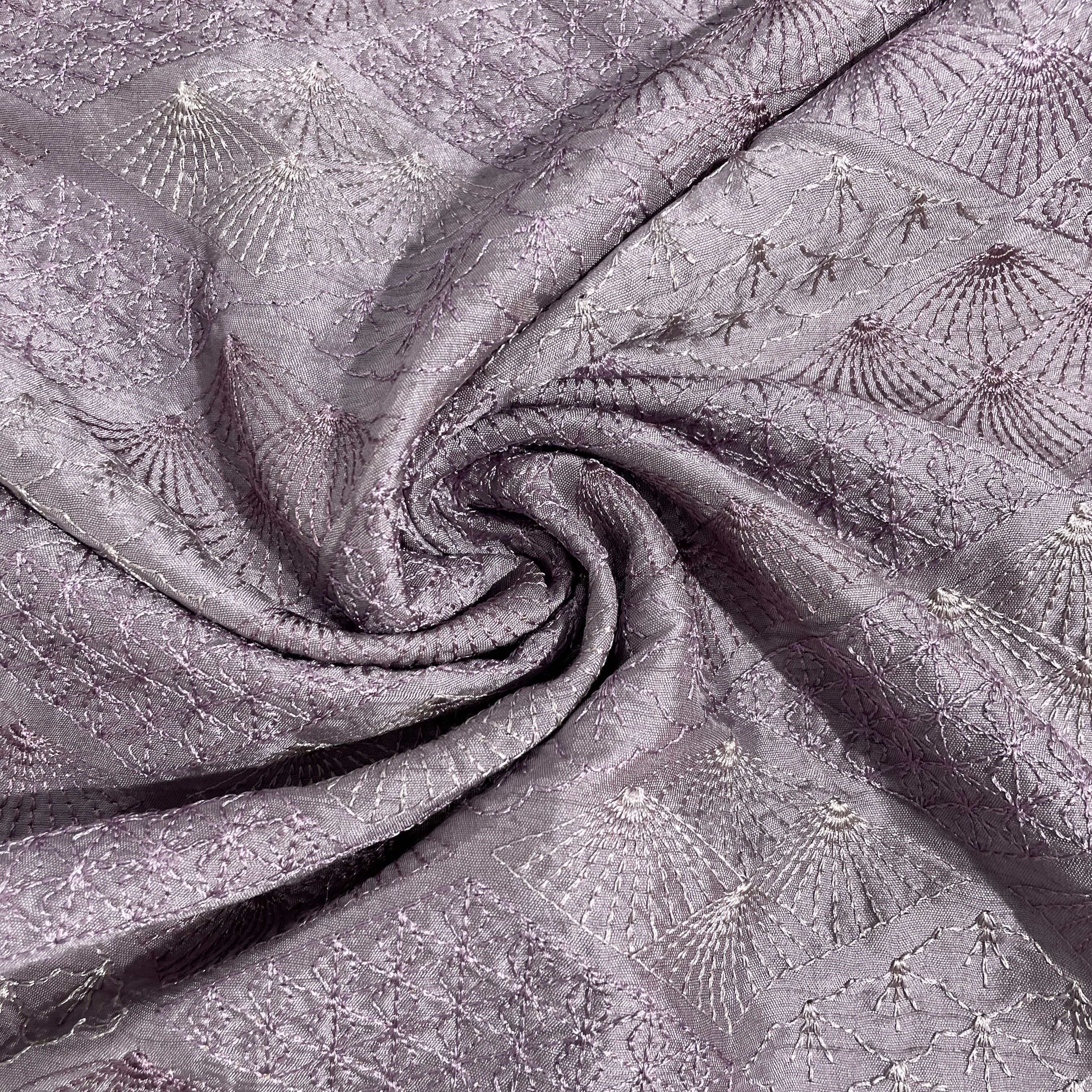 Purple Floral Thread Embroidery Tusser Silk