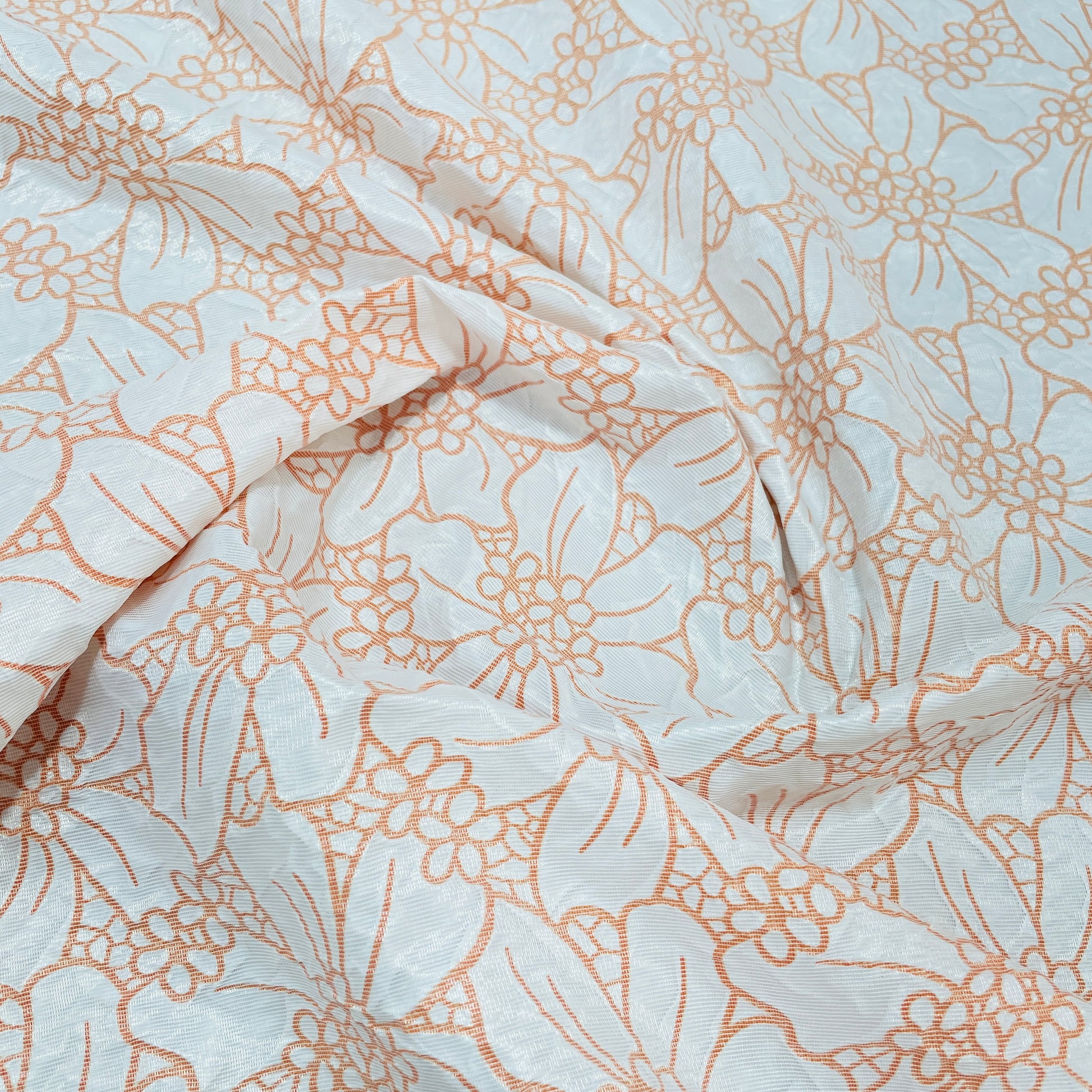 White Orange Floral Print Embossed Imported Satin Fabric - TradeUNO