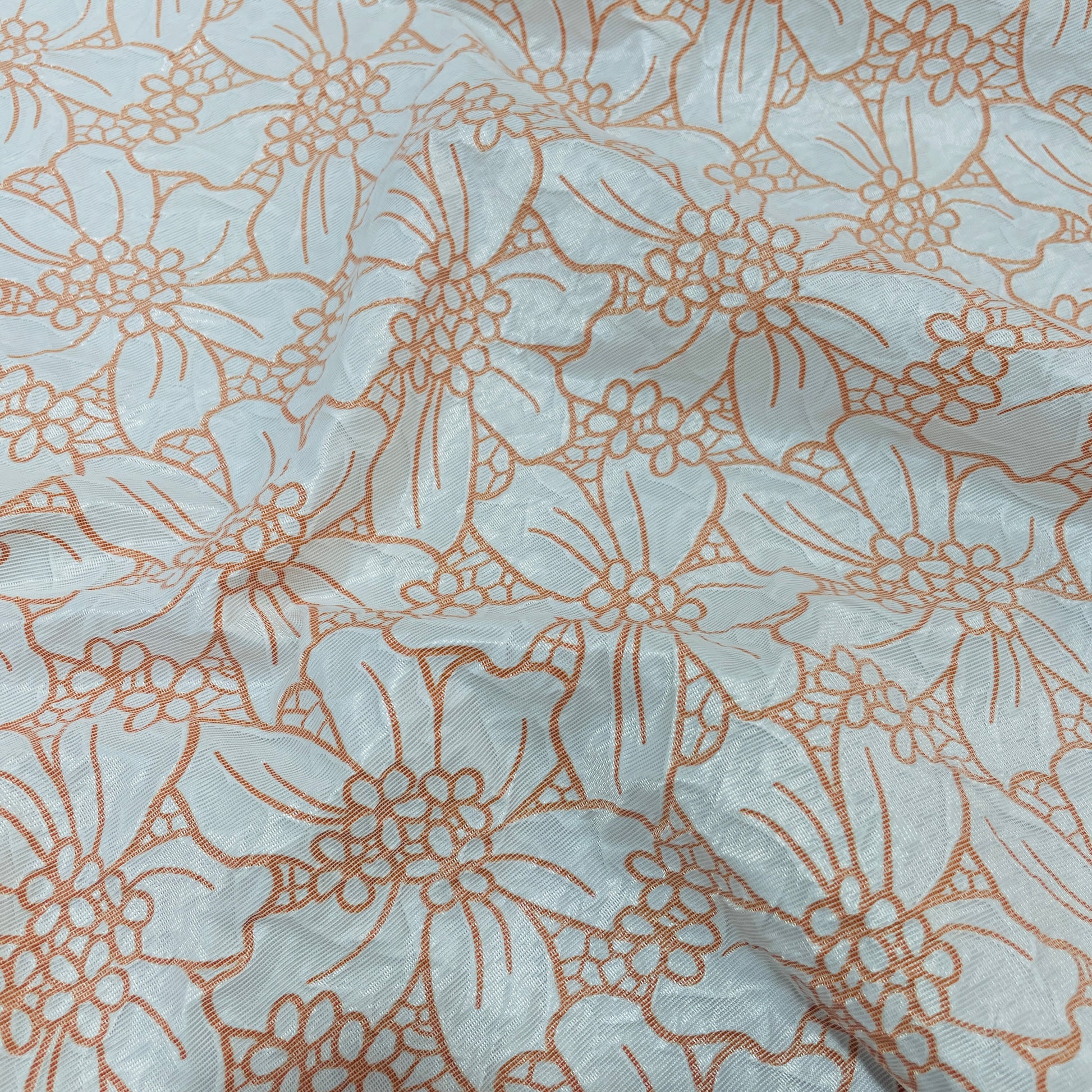 White Orange Floral Print Embossed Imported Satin Fabric - TradeUNO