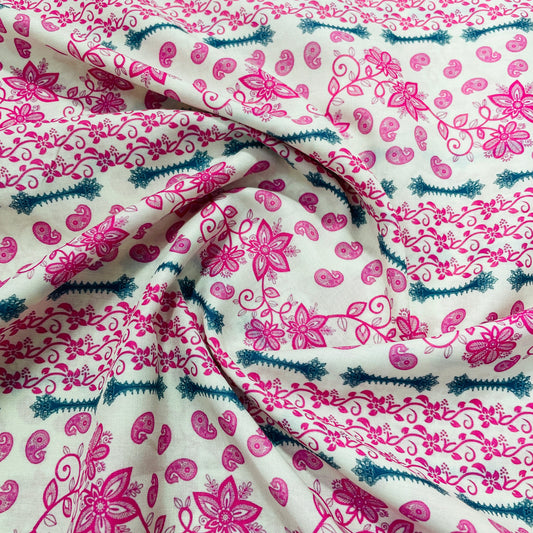 White & Pink Floral Print Muslin Fabric