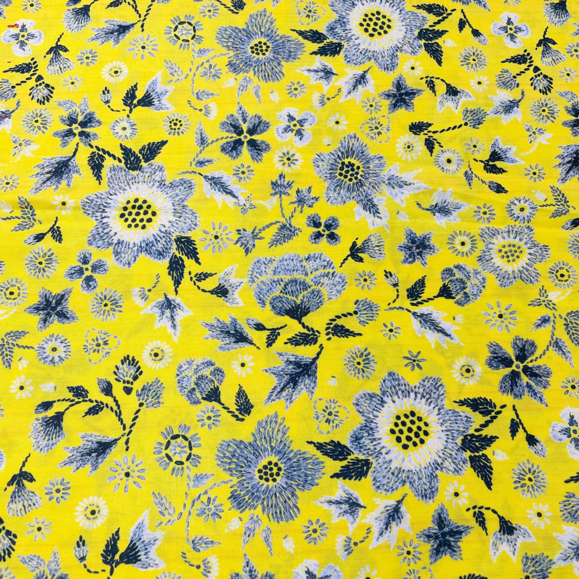 Yellow Grey Floral Print Muslin Fabric - TradeUNO