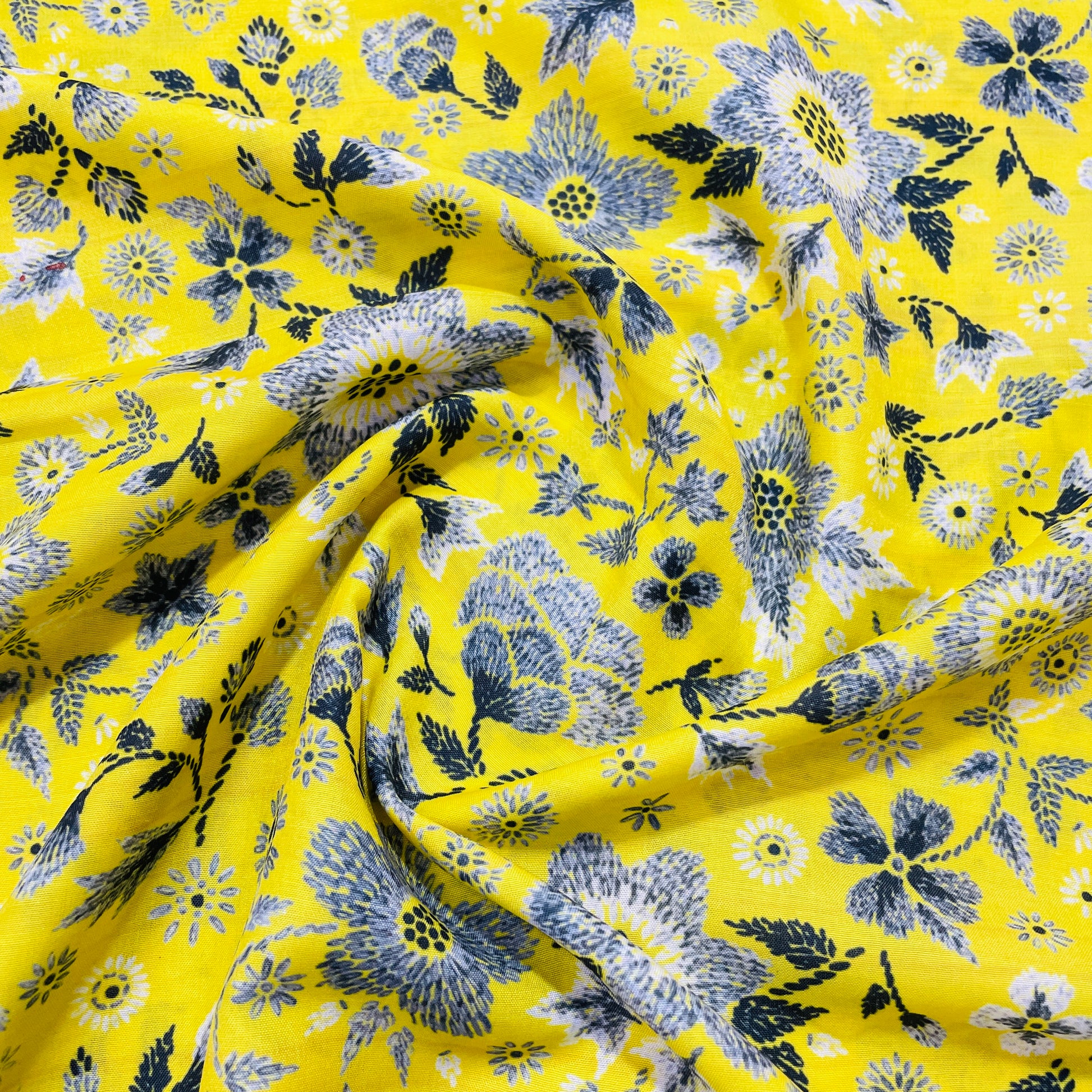 Yellow Grey Floral Print Muslin Fabric - TradeUNO