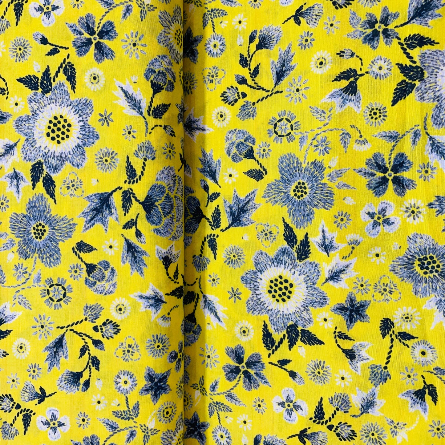 Yellow Grey Floral Print Muslin Fabric - TradeUNO