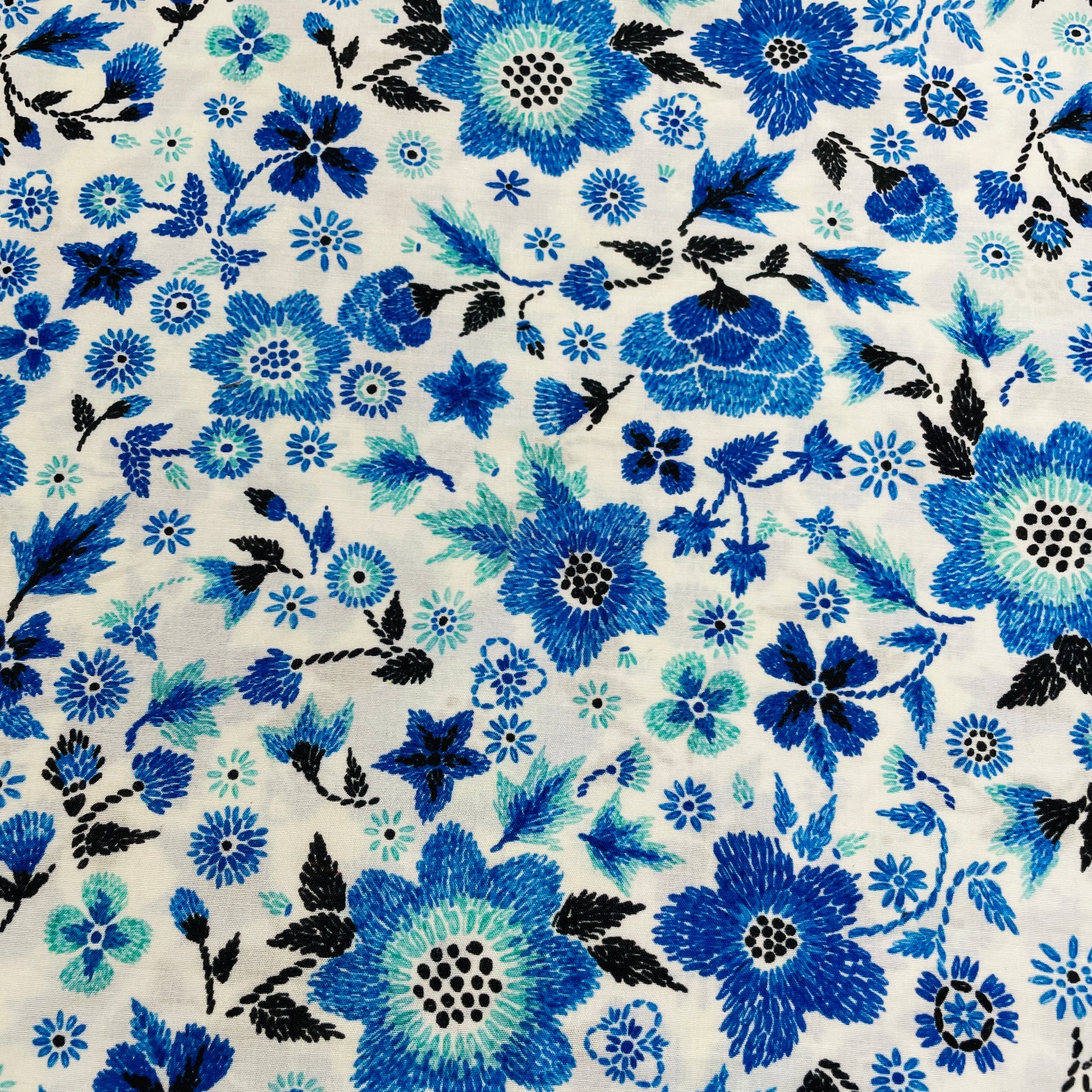 White Blue Floral Print Muslin Fabric - TradeUNO