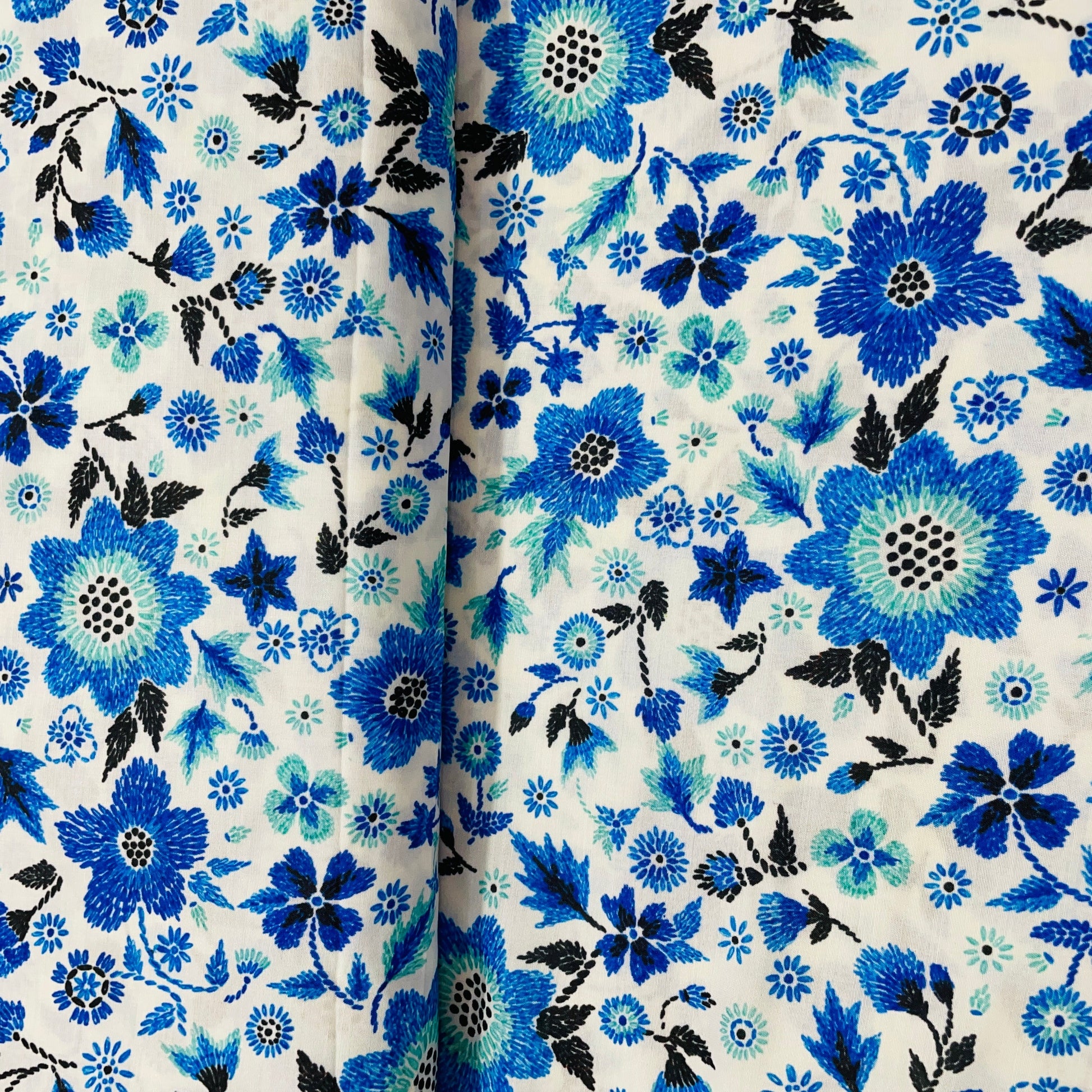 White Blue Floral Print Muslin Fabric - TradeUNO