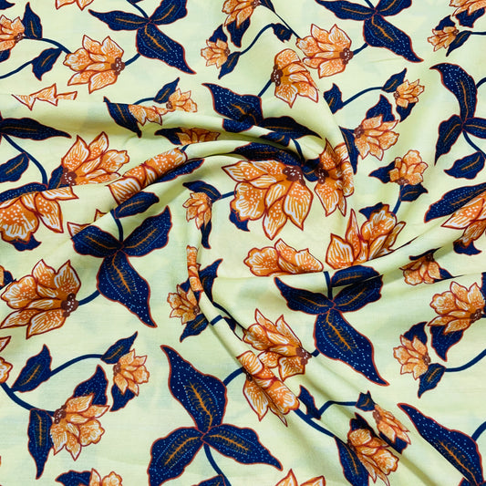 Light Green & Orange Floral Print Muslin Fabric