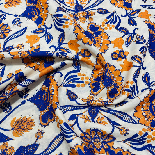 Cream & Multicolor Floral Print Muslin Fabric